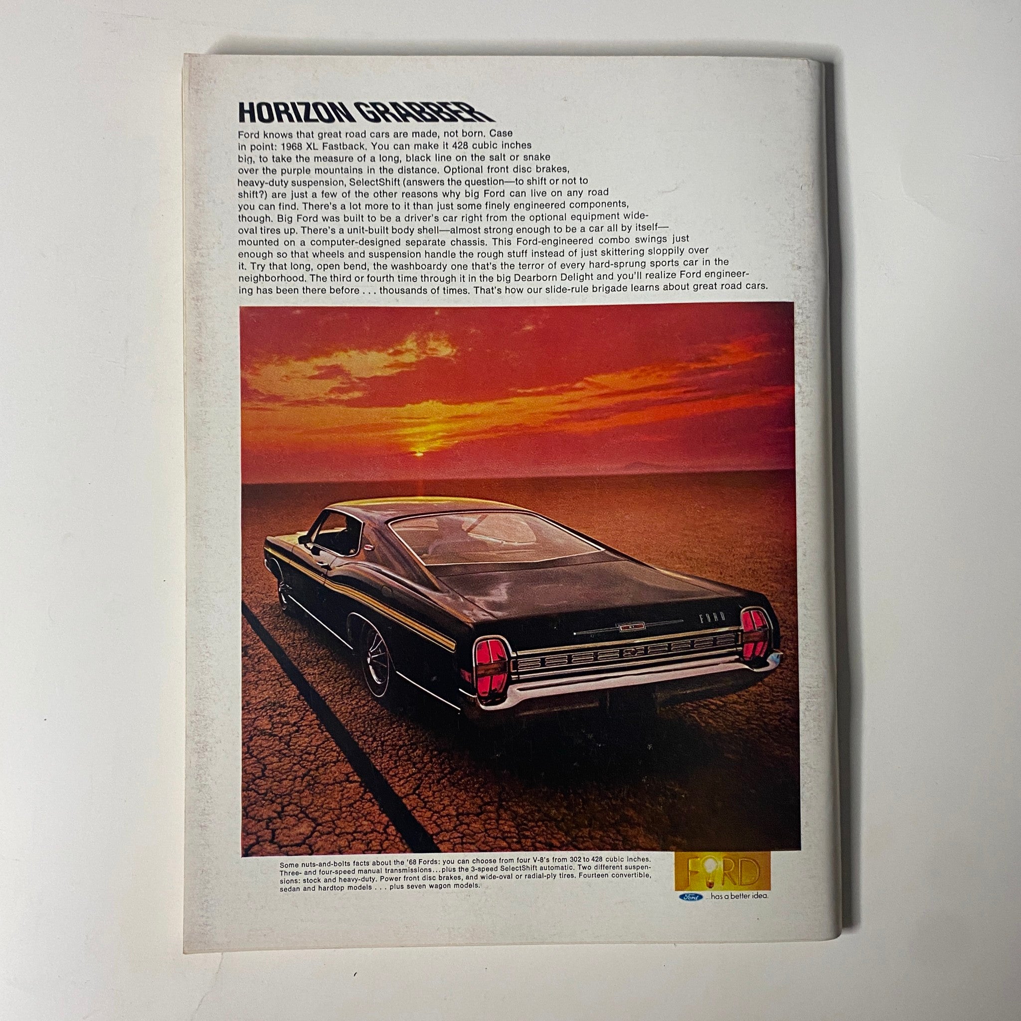 Back cover of Playboy Magazine April 1968 with a vintage advertisement for Ford cars, capturing 1960s automotive culture against a striking sunset backdrop.