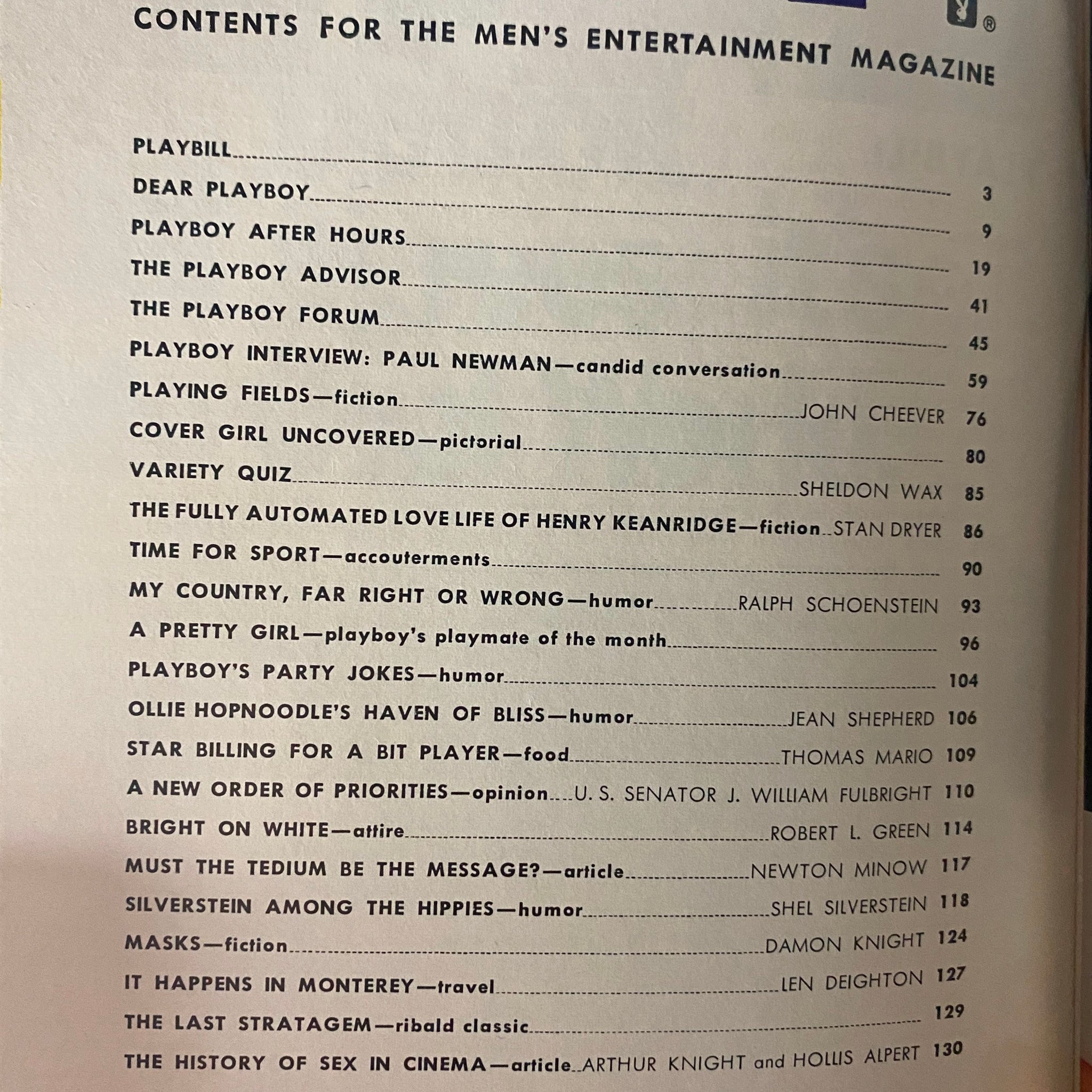 Table of contents from the July 1968 issue of Playboy Magazine highlighting featured articles and the Playboy interview with Paul Newman.