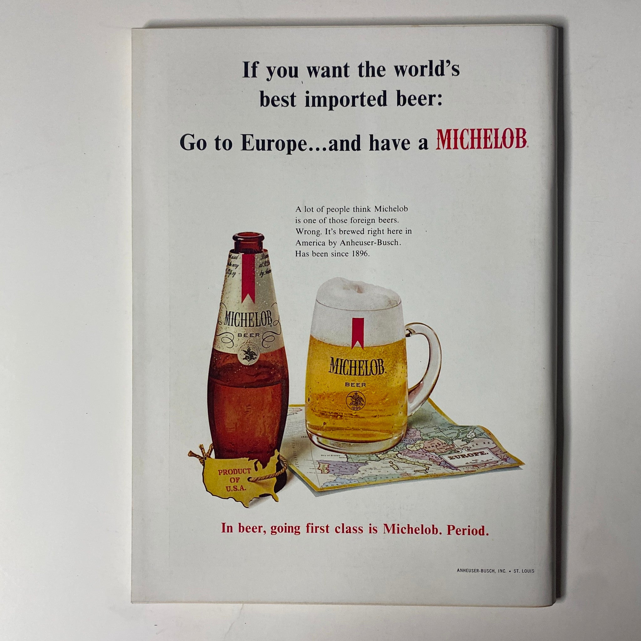 Ad page from Playboy Magazine July 1968 for Michelob beer, featuring a bottle and glass of beer with a European-themed map in the background.