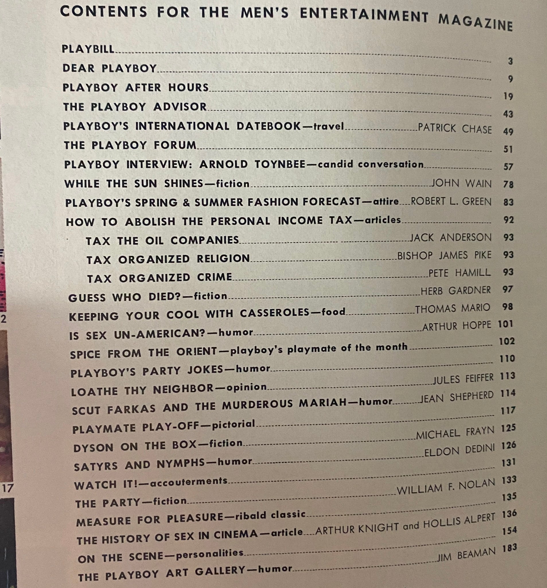 Table of contents for Playboy Magazine April 1967, highlighting articles including an interview with Arnold Toynbee and the Spring & Summer Fashion Forecast.