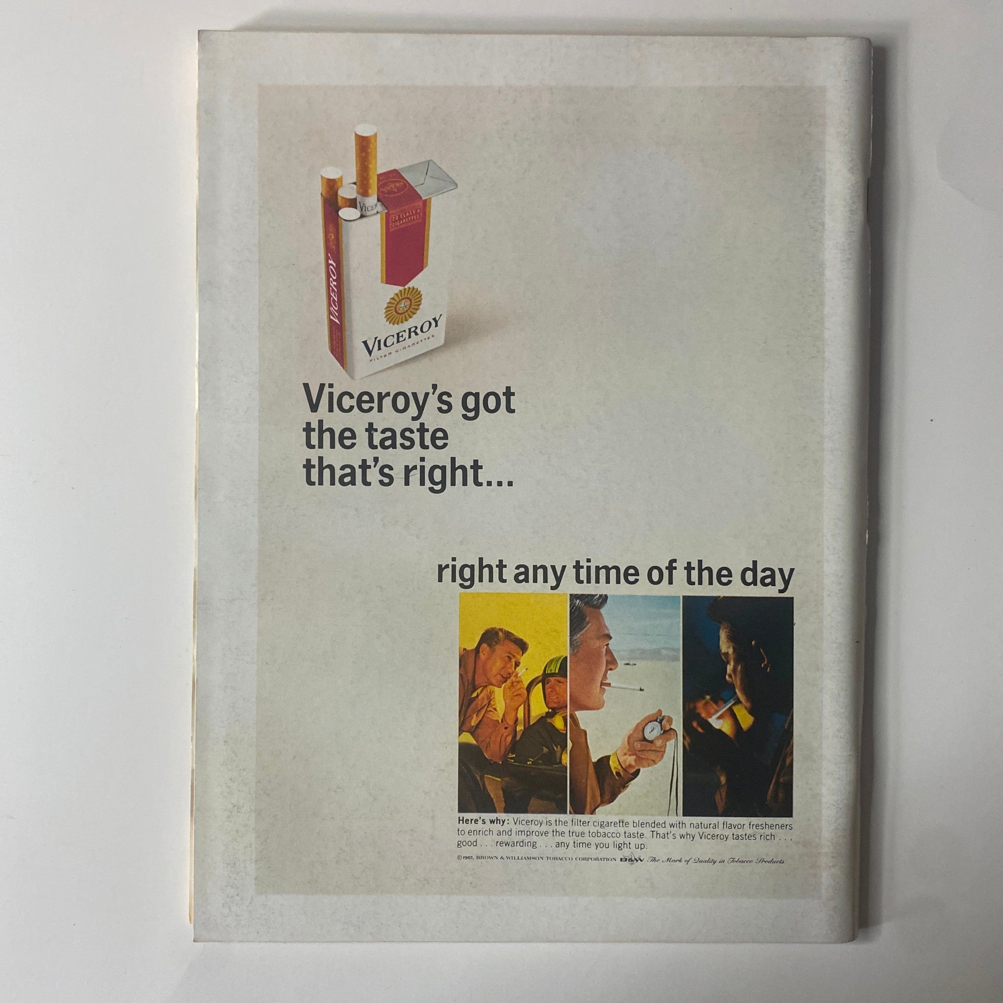 Back cover advertisement for Viceroy cigarettes in Playboy Magazine March 1967, depicting vintage marketing strategies of the era.