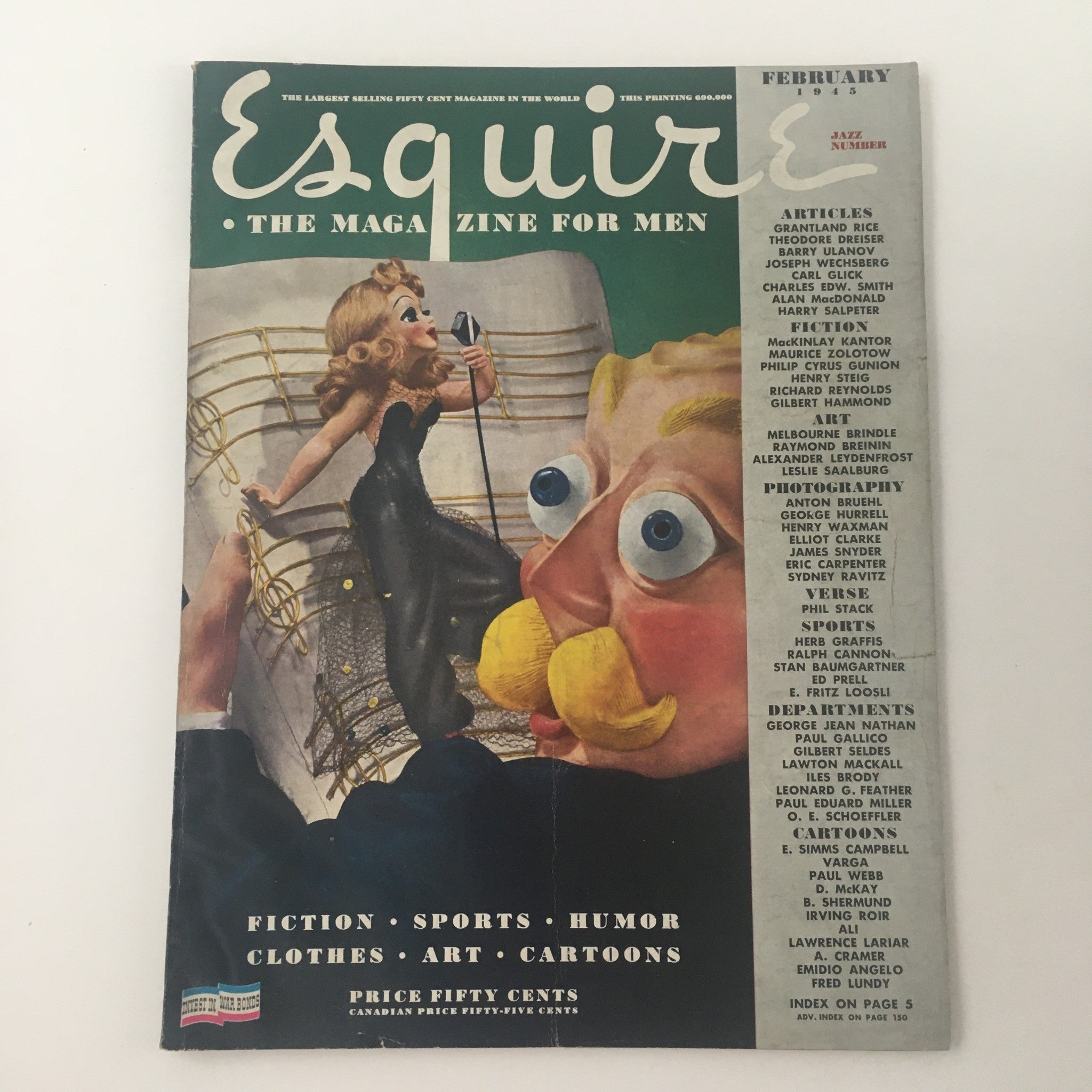 Cover of Esquire Magazine, February 1945, featuring a piece by Herb Graffis and Ralph Cannon, with a minimalist, no-label