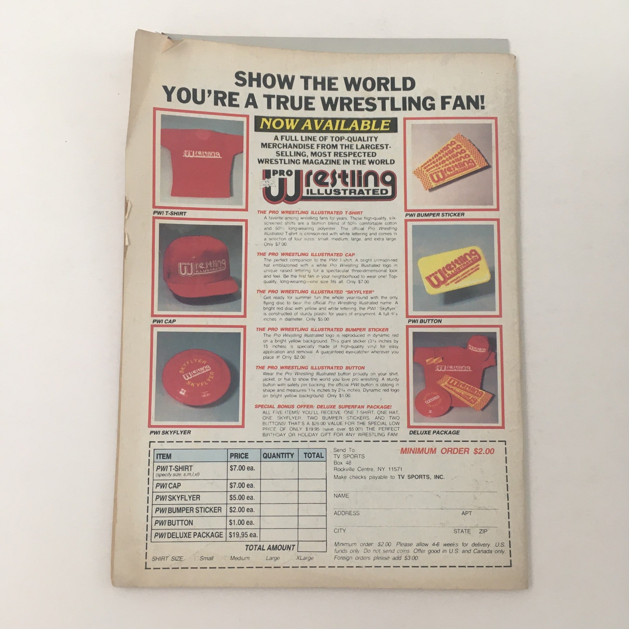 Pro Wrestling Illustrated Magazine July 1985, displaying the back cover with merchandise available for purchase, promoting wrestling fan gear.