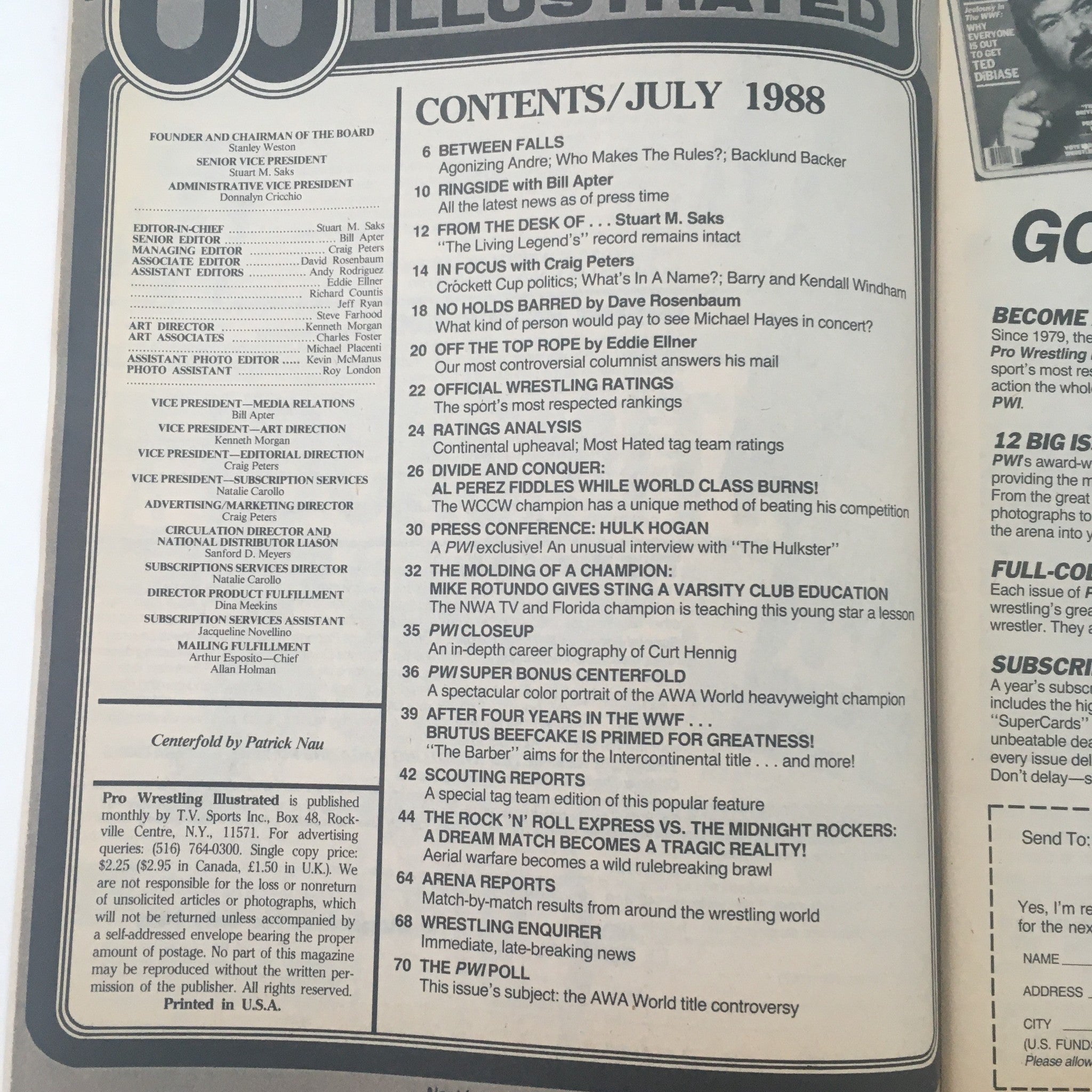 Inside contents page of Pro Wrestling Illustrated, July 1988, listing articles including features on Hulk Hogan, wrestling ratings, and historical insights.