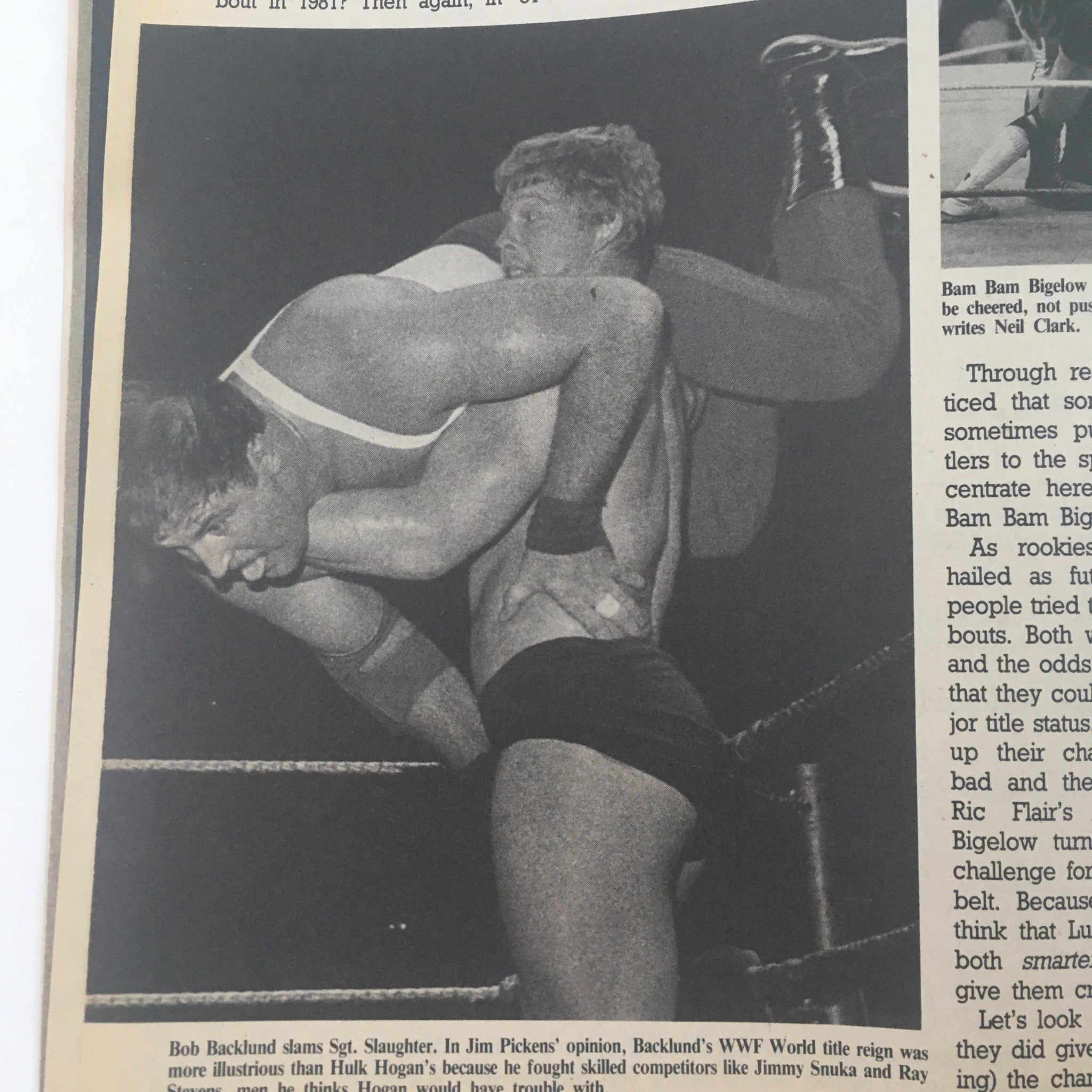 Action shot from Pro Wrestling Illustrated, July 1988 of Bob Backlund slamming Sgt. Slaughter in a wrestling match, capturing the intensity of the bout.