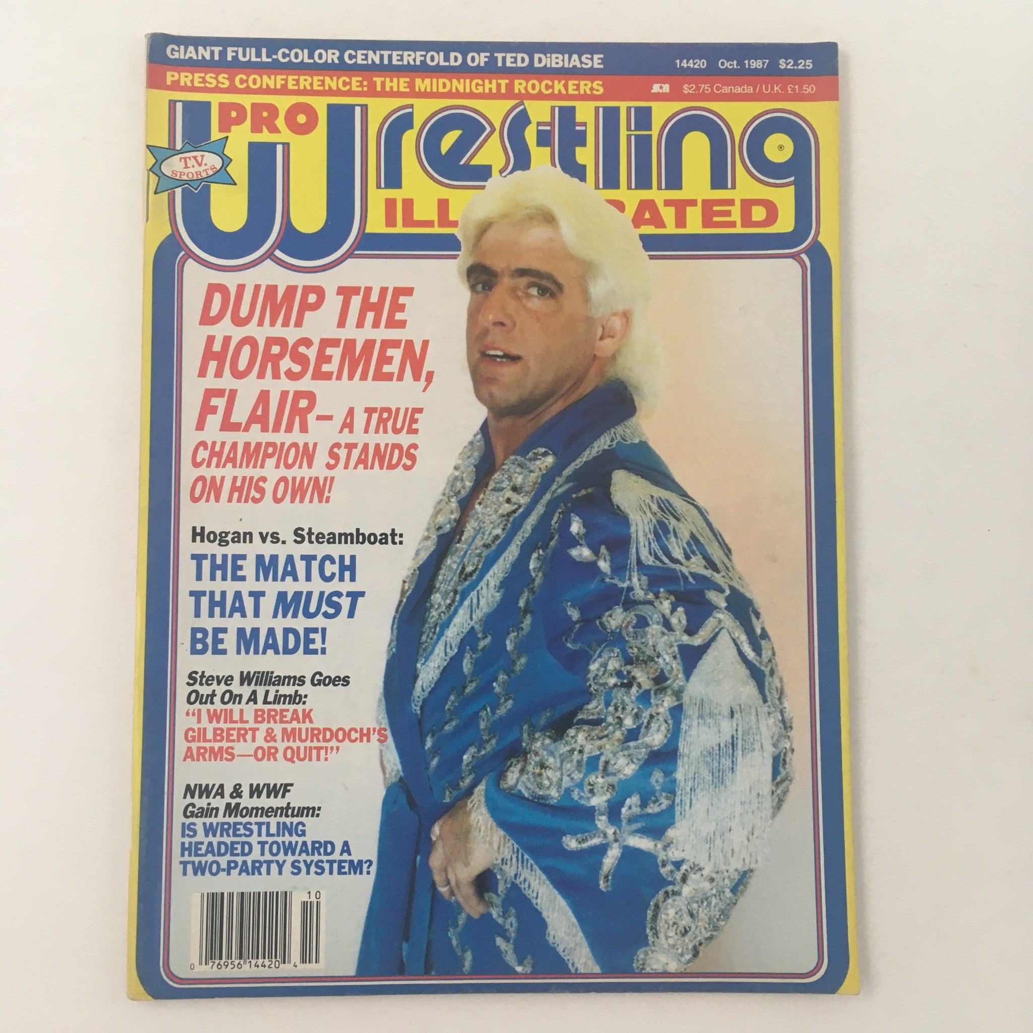 Pro Wrestling Illustrated October 1987 magazine cover featuring Ric Flair, showcasing the headline 'Dump the Horsemen, Flair - A True Champion Stands on His Own!' and other wrestling highlights.