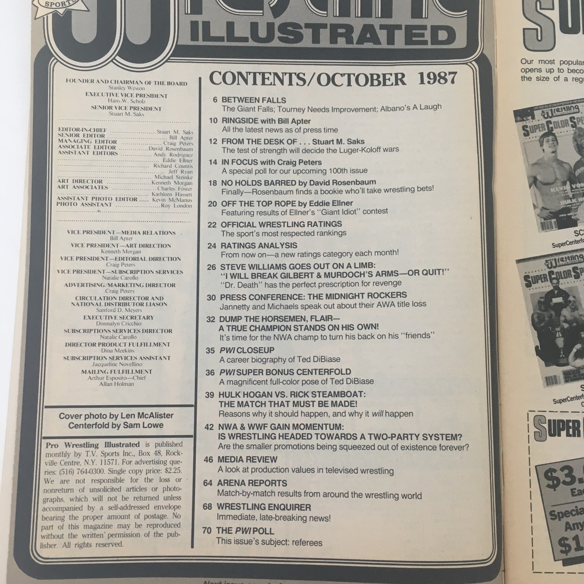 Contents page of Pro Wrestling Illustrated October 1987, listing articles and features including 'Steve Williams Goes Out On A Limb' and 'Jump the Horsemen, Flair - A True Champion Stands on His Own!'