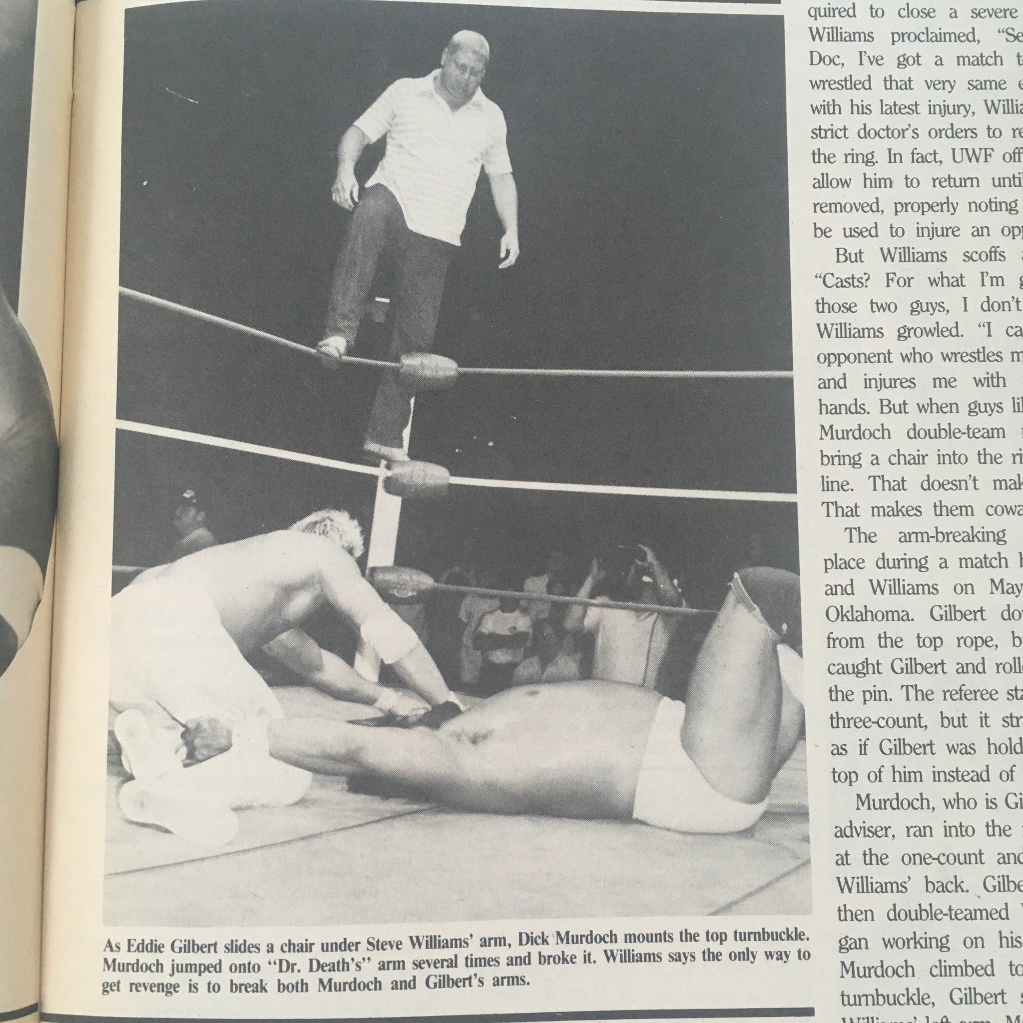 Pro Wrestling Illustrated October 1987 Ric Flair & Steve Williams, No Label VG - Image showing wrestling action where Eddie Gilbert slides a chair under Steve Williams' arm as Dick Murdoch mounts the top turnbuckle. The scene is from a UWF match, depicting intense wrestling rivalry.