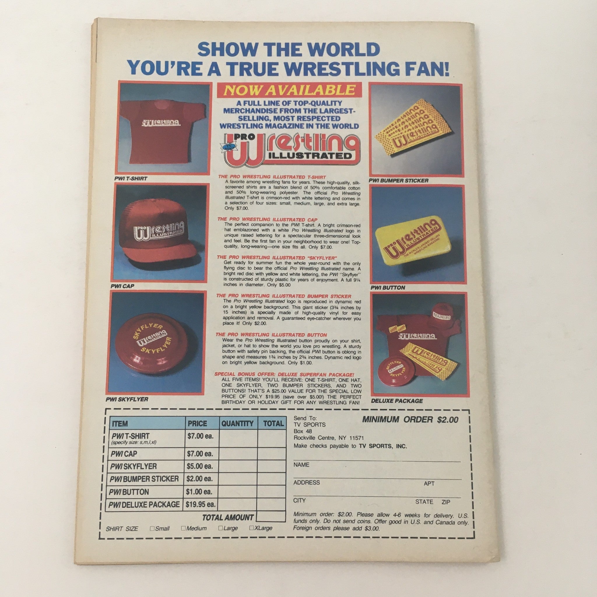 Pro Wrestling Illustrated October 1987 Ric Flair & Steve Williams, No Label VG - Image showcasing the back cover of Pro Wrestling Illustrated with various merchandise available for wrestling fans, including T-shirts, caps, and buttons.