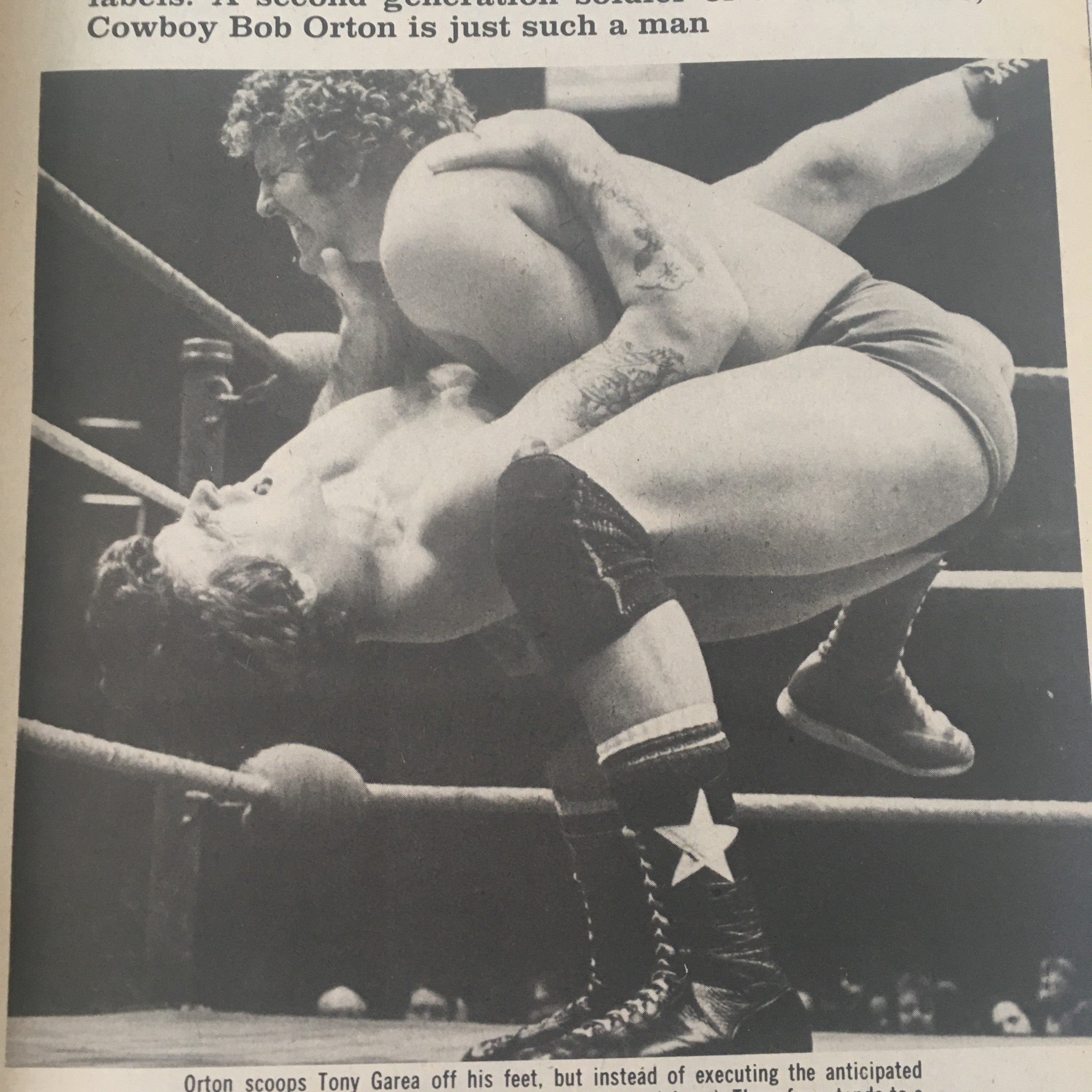 Image from Sports Review Wrestling October 1982 featuring Cowboy Bob Orton in a wrestling match, showcasing the dynamic action and athleticism of professional wrestling.