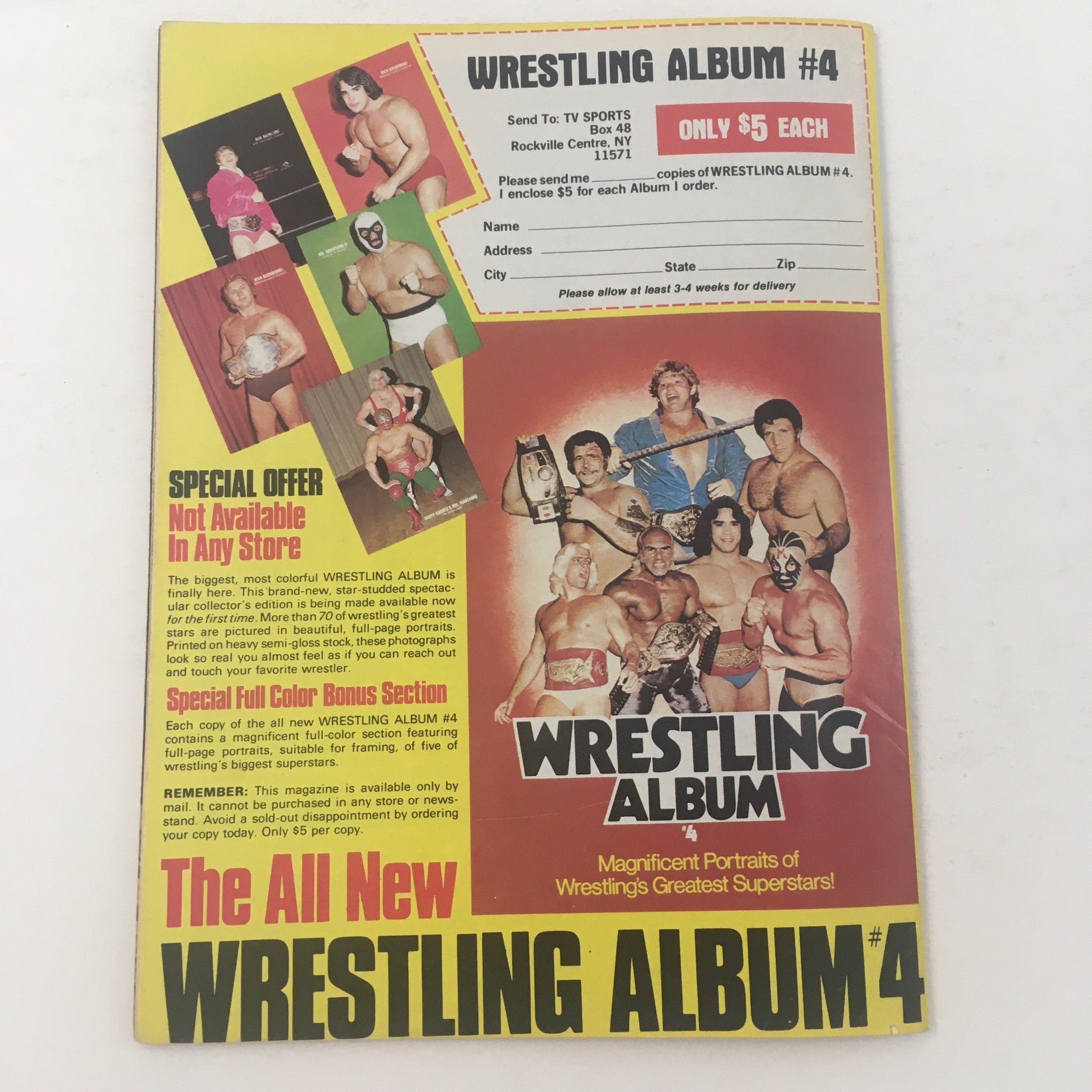 Cover of Wrestling Album #4, featuring promotional images of wrestling superstars and information about the special offers available, highlighting vintage wrestling memorabilia.