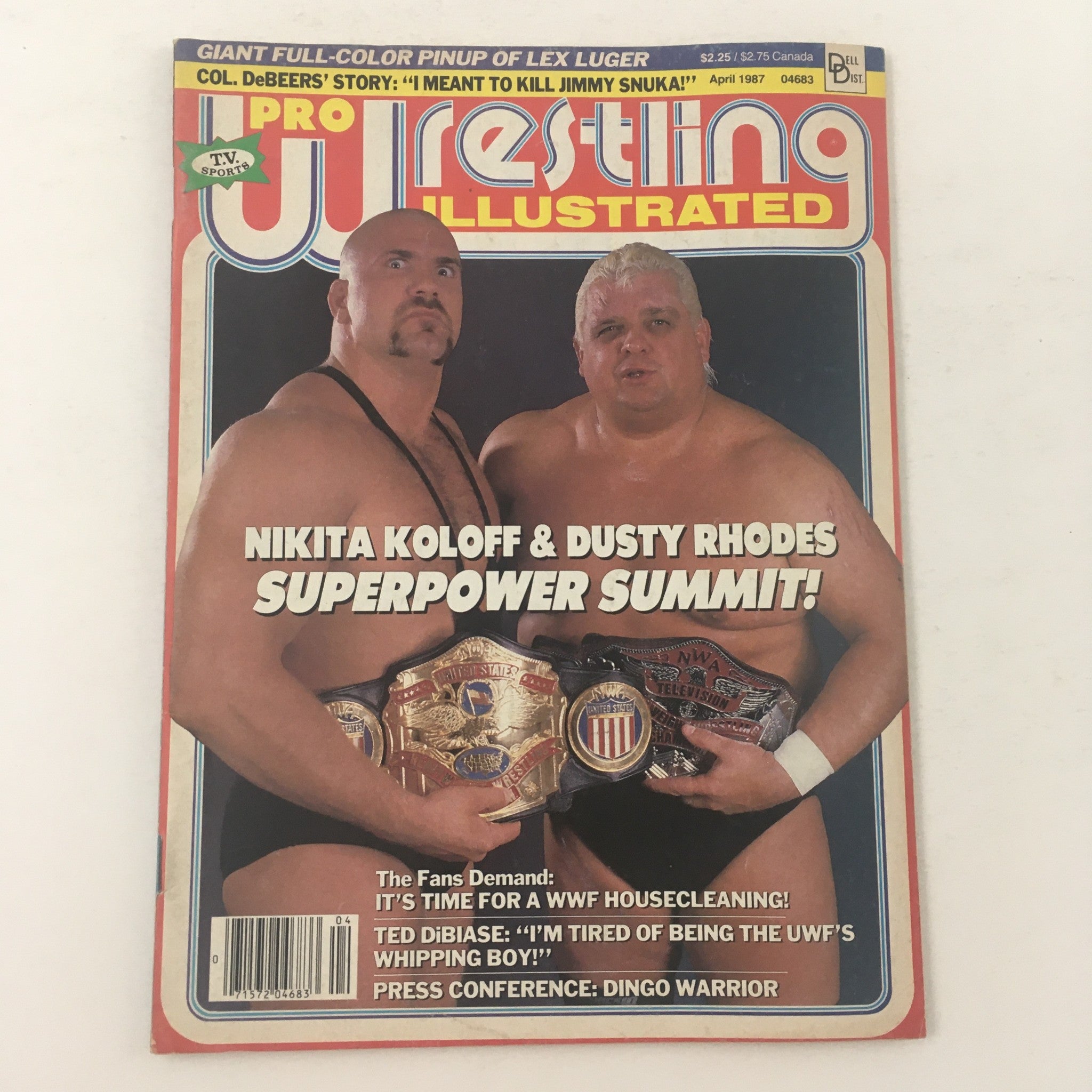 Cover of Pro Wrestling Illustrated April 1987 featuring Nikita Koloff and Dusty Rhodes, showcasing their championship belts and the headline 'SUPERPOWER SUMMIT!' with additional details about fans' demand for a WWF housecleaning.