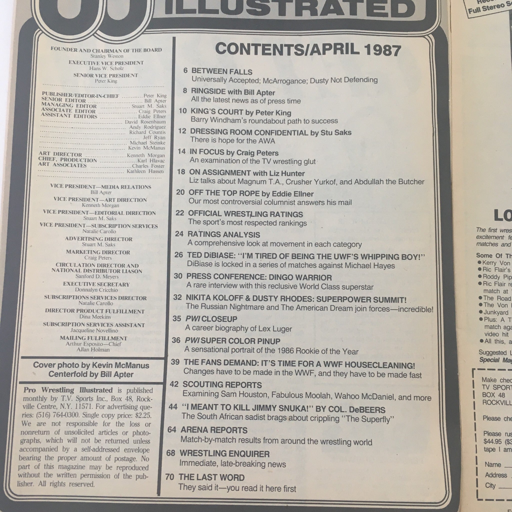 Contents page of Pro Wrestling Illustrated April 1987 highlighting featured articles, including Nikita Koloff & Dusty Rhodes: Superpower Summit, along with various wrestling-related content and editorial details.