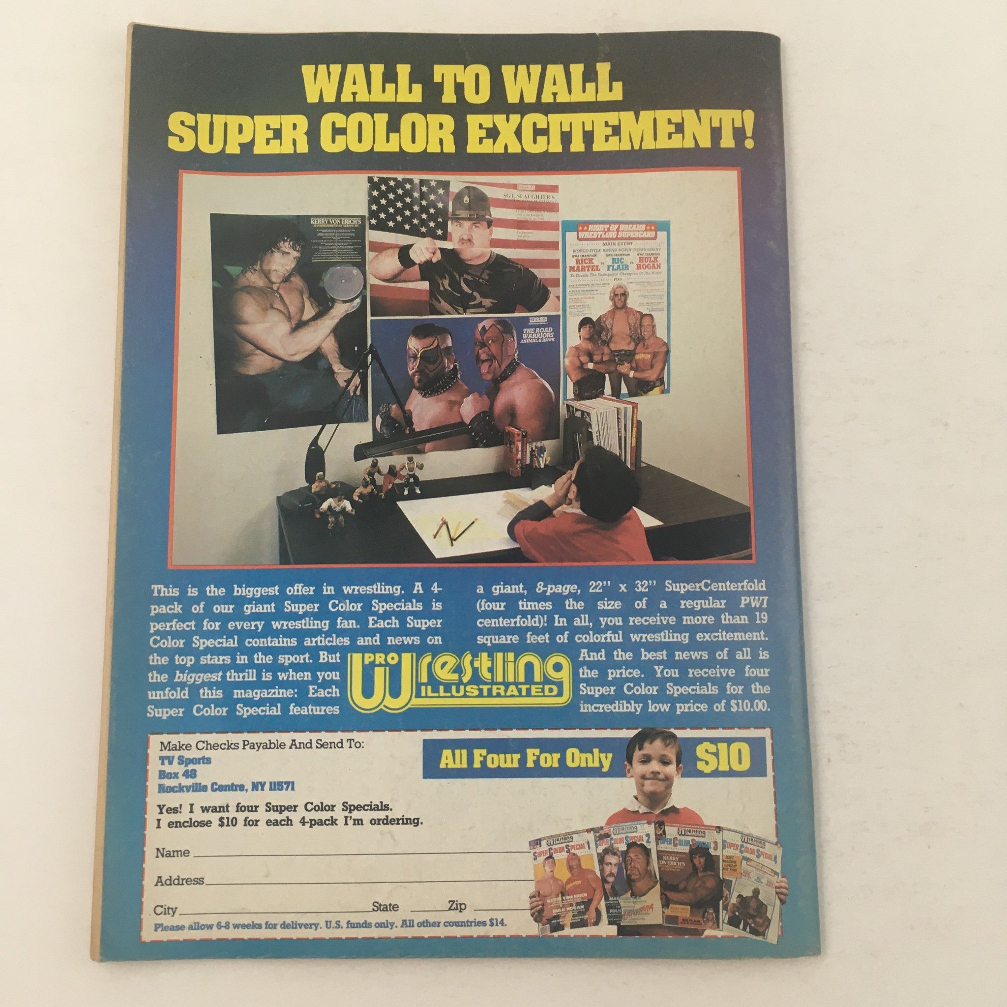 Pro Wrestling Illustrated April 1987 back cover showcasing a promotional advertisement for wrestling color specials, featuring various wrestling stars and collectibles.