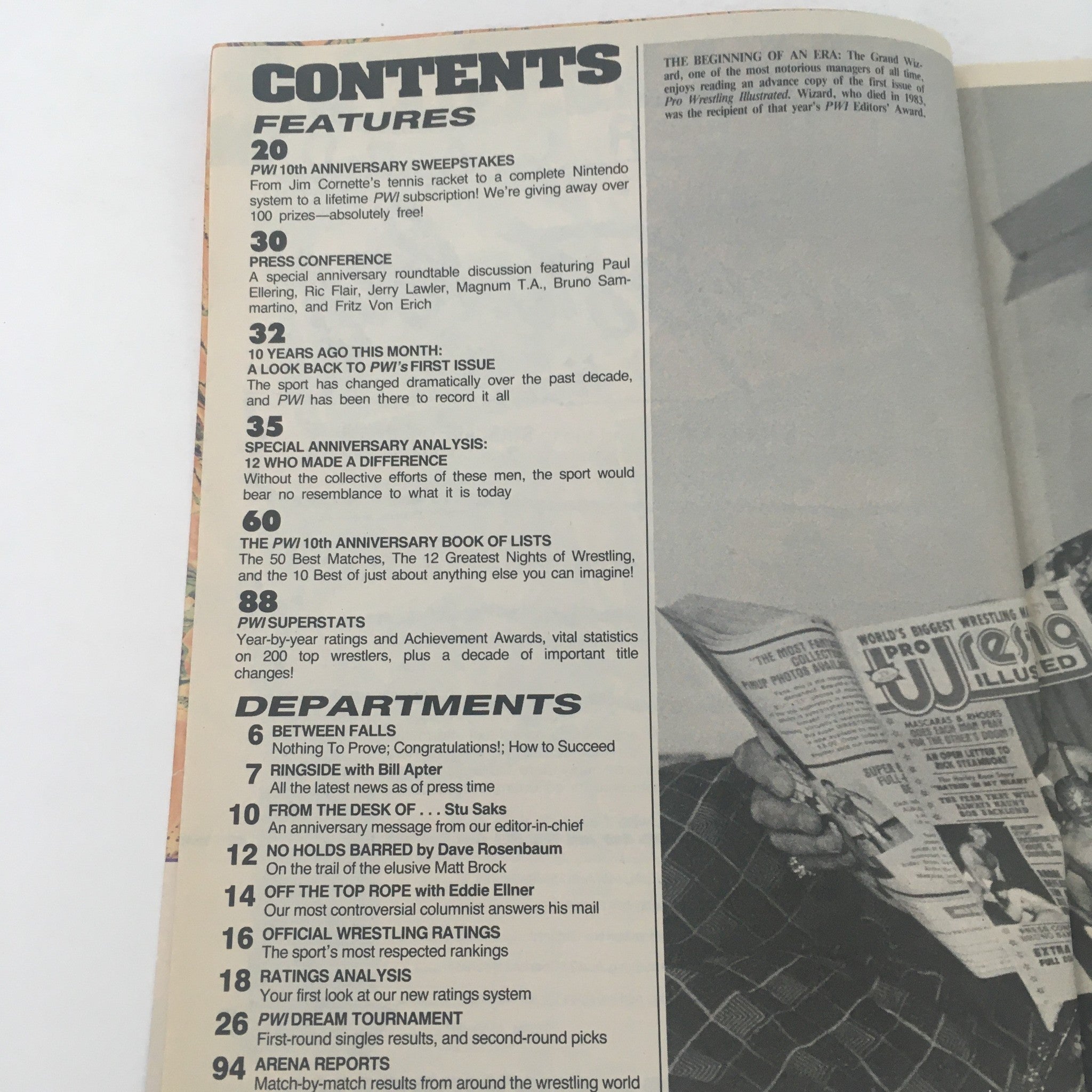 Contents page of Pro Wrestling Illustrated September 1989, featuring articles about 10th anniversary sweepstakes and wrestling history