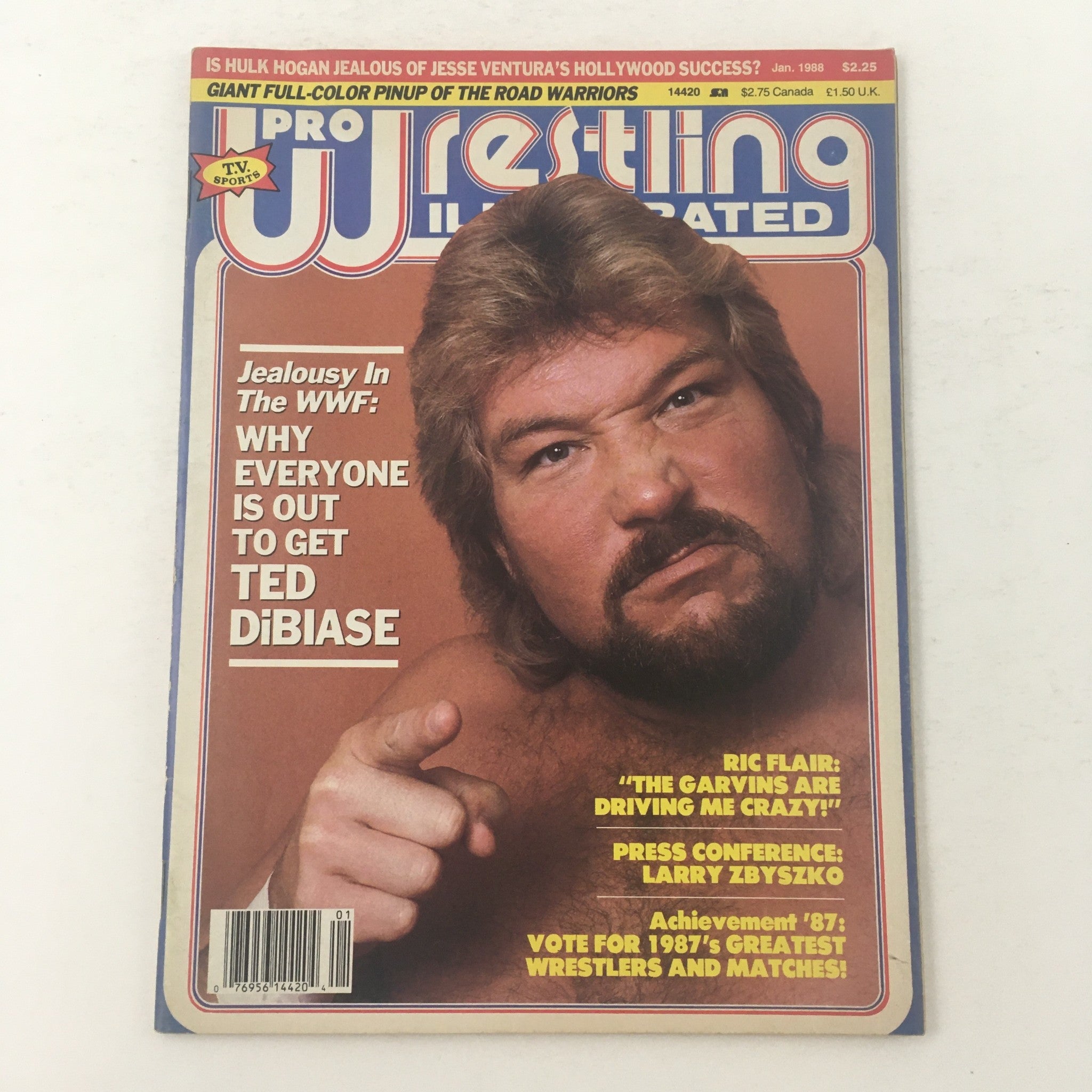 Pro Wrestling Illustrated January 1988 magazine cover featuring Ted DiBiase with a stern expression, discussing jealousy in the WWF and why everyone is out to get him.