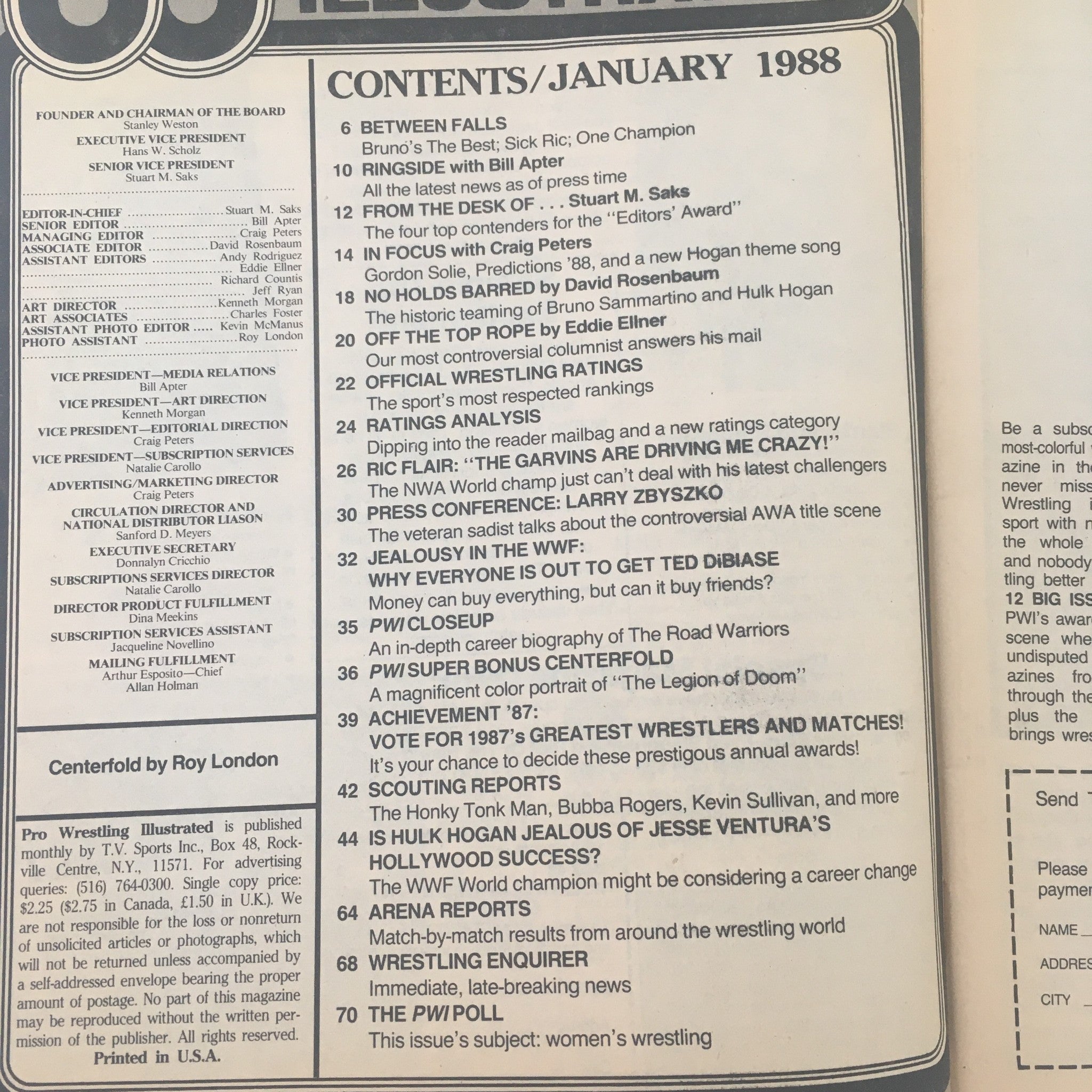 Contents page of Pro Wrestling Illustrated January 1988, detailing articles including Ric Flair's commentary, press conferences, and features on wrestling legends.