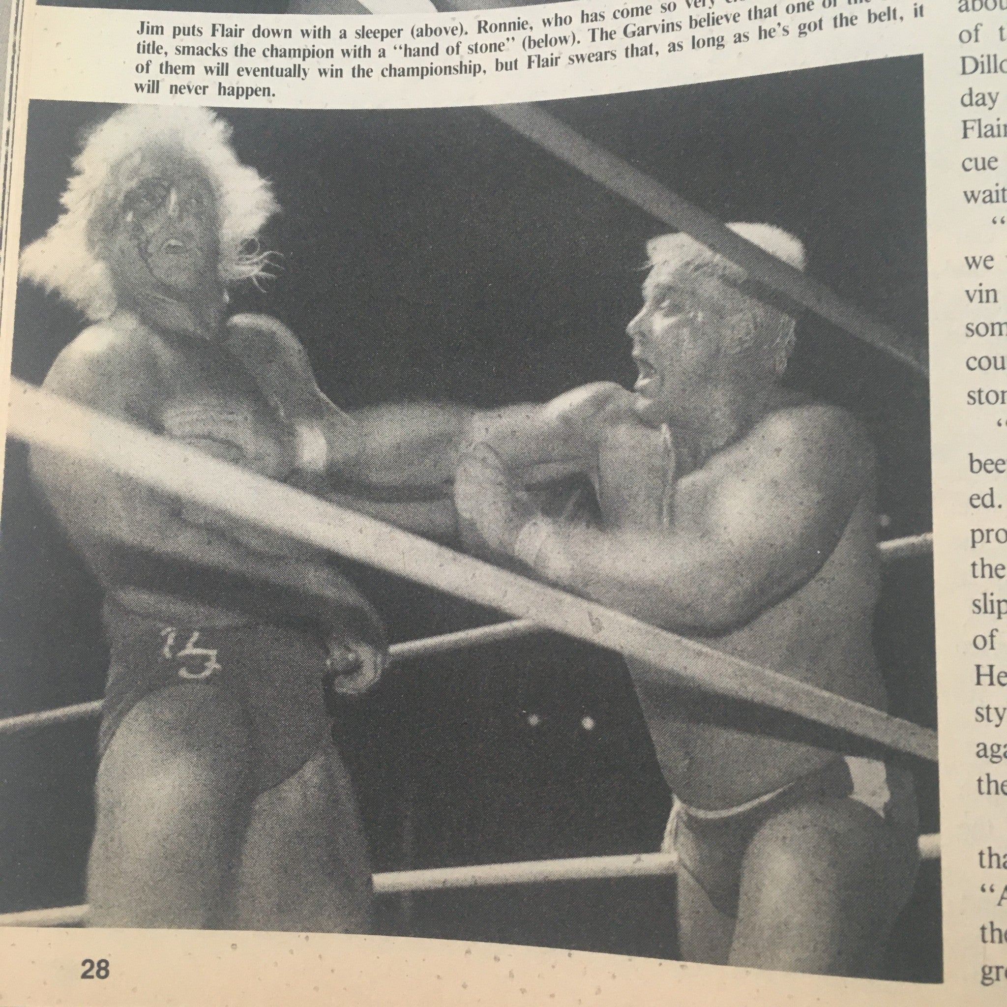 Interior page of Pro Wrestling Illustrated January 1988 illustrating a wrestling match scene with two wrestlers, showcasing classic wrestling action and drama.