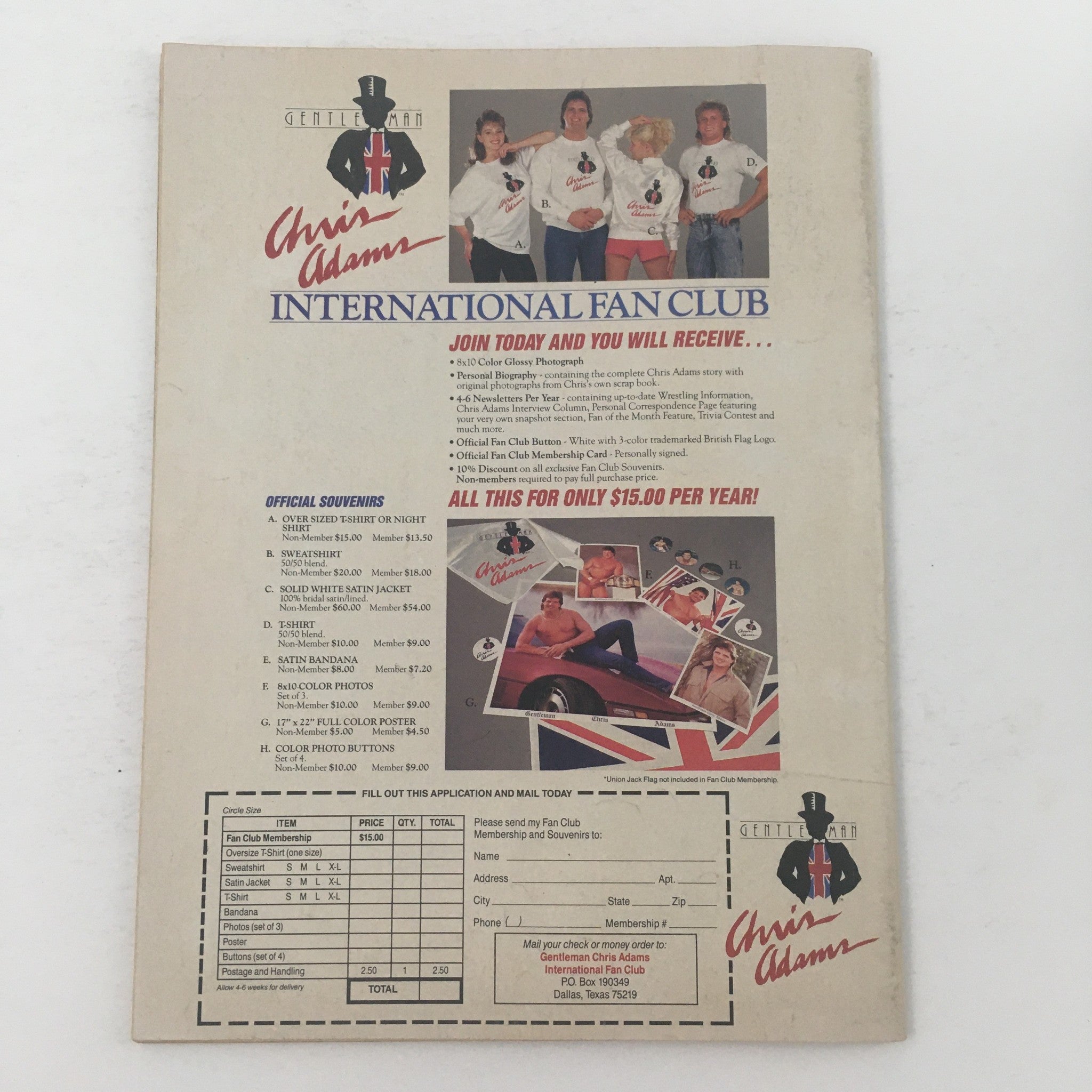 Back cover of the Pro Wrestling Illustrated January 1988 magazine, featuring an advertisement for Chris Adams' International Fan Club, alongside offers for merchandise and a membership form, within a 1980s wrestling theme.
