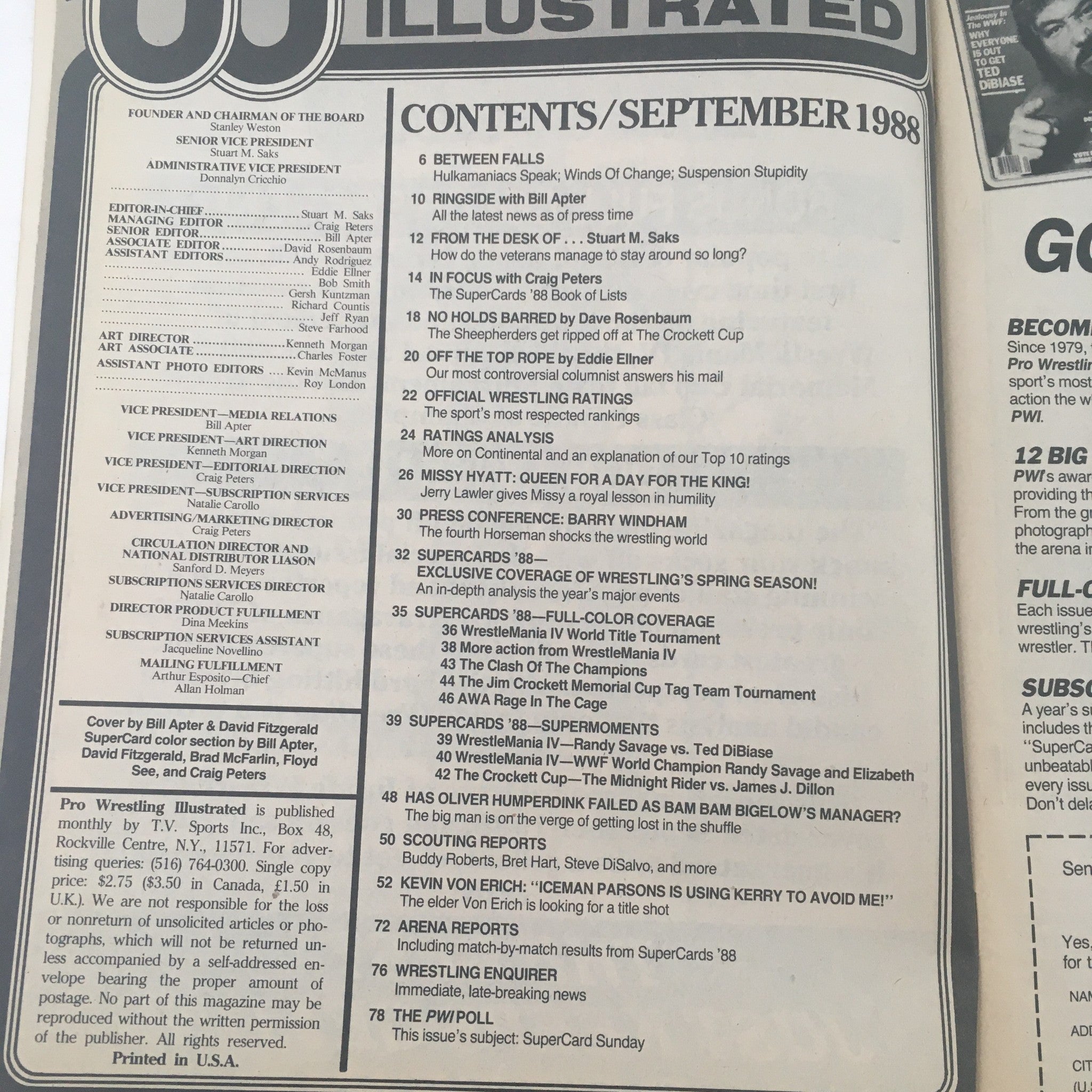 Contents page of Pro Wrestling Illustrated September 1988, listing articles and features related to wrestling history and events.