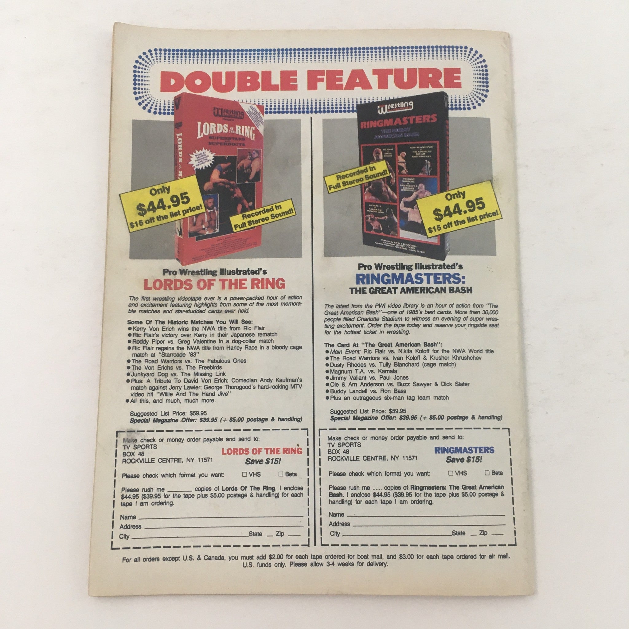Back cover of Pro Wrestling Illustrated September 1988 promoting wresting video features, Lords of the Ring and Ringmasters.