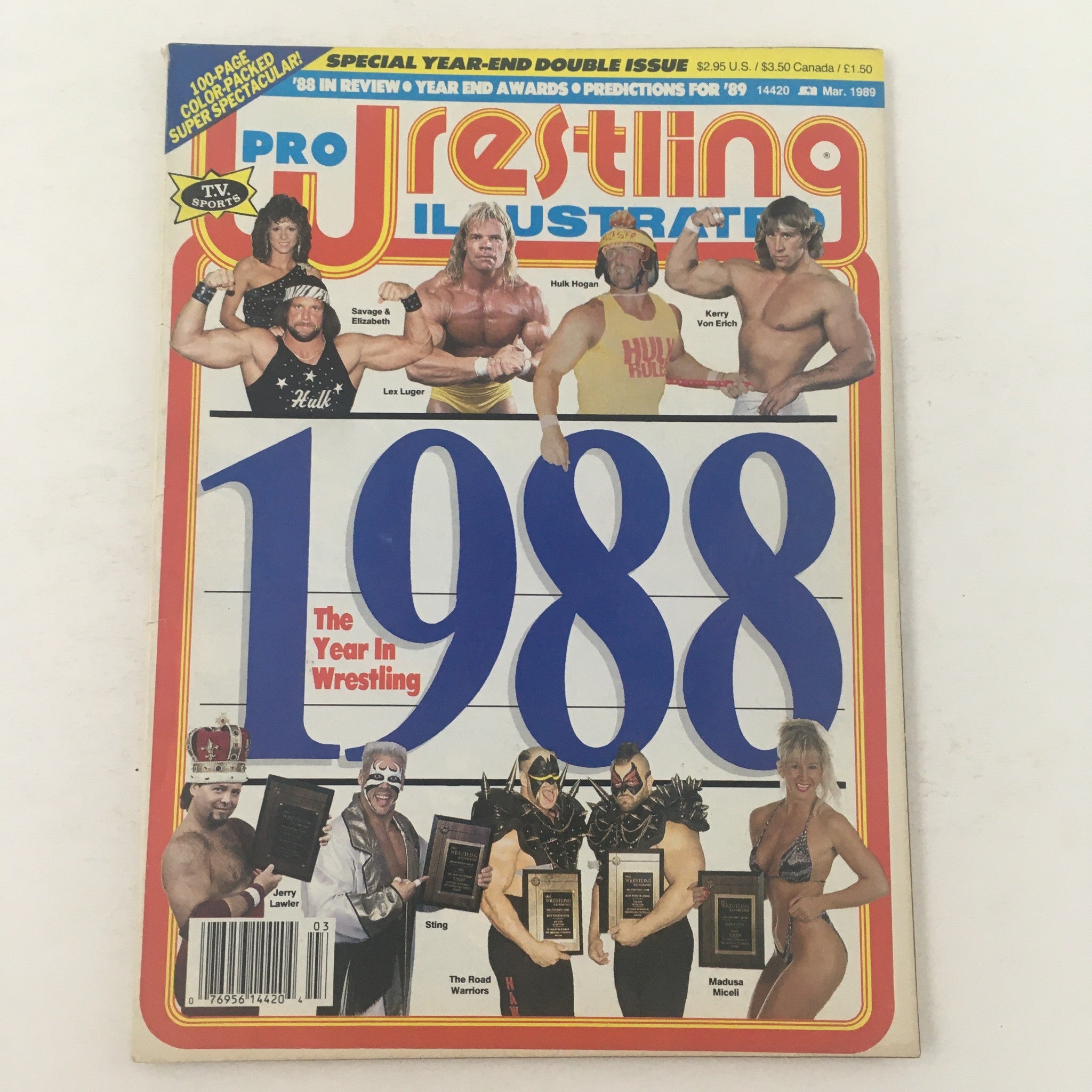 Pro Wrestling Illustrated March 1989 issue cover featuring Hulk Hogan, Kerry Von Erich, and others, highlighting 1988 in wrestling.