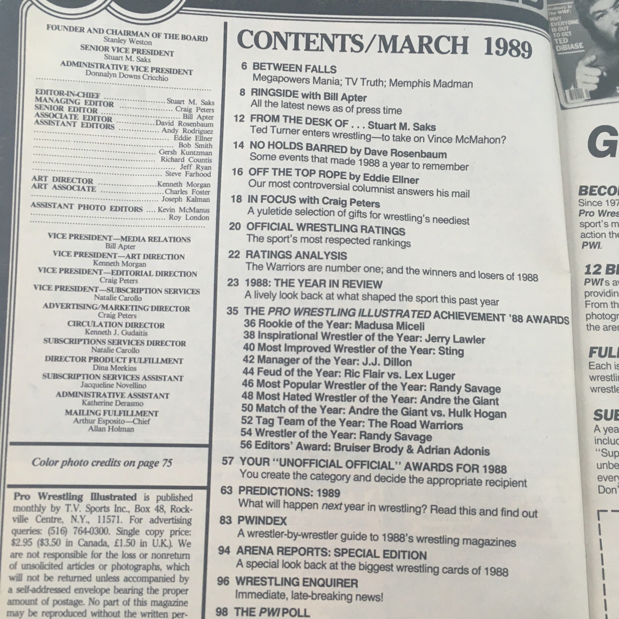 Contents page of Pro Wrestling Illustrated March 1989, detailing articles and features of that issue including wrestling rankings and award winners.