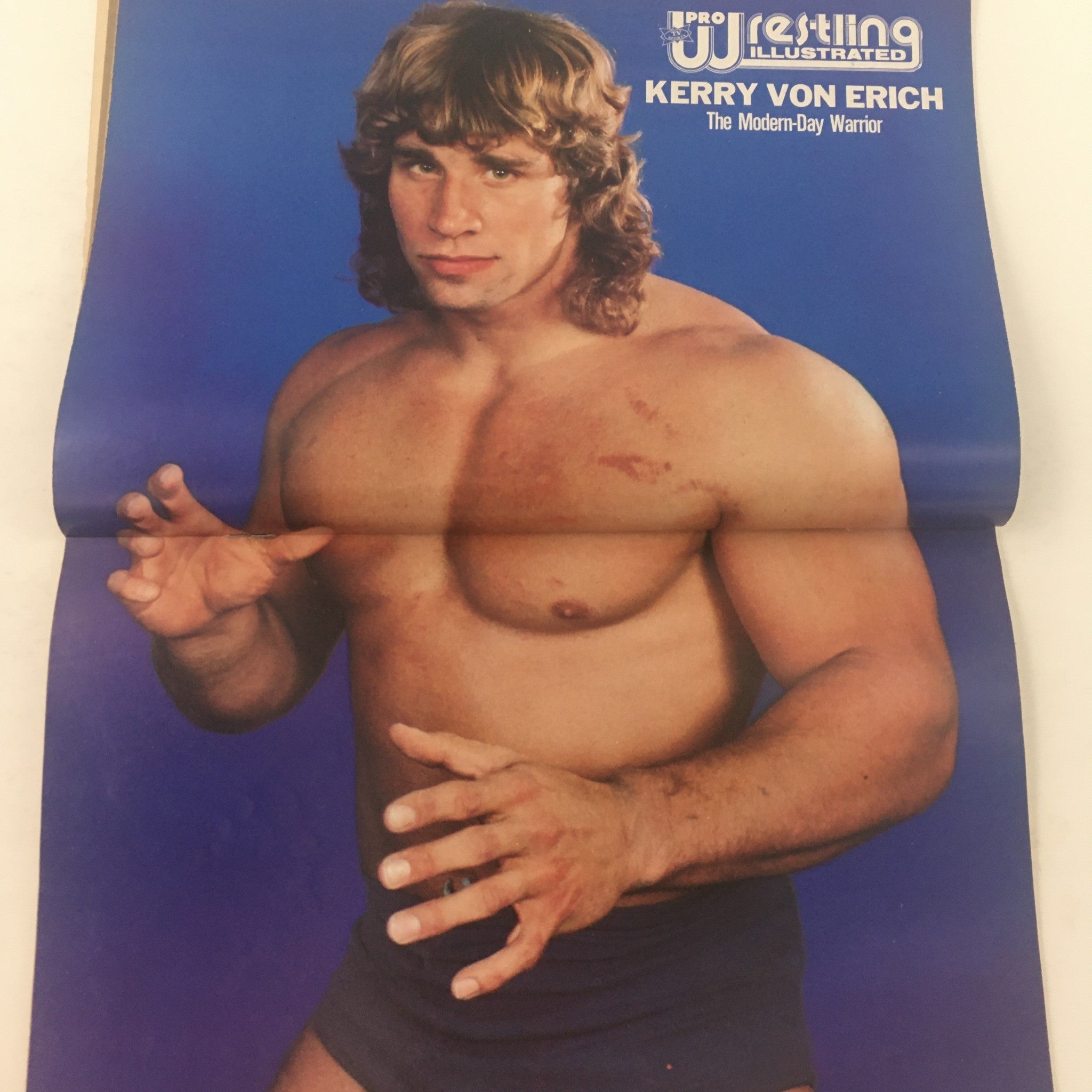 Pro Wrestling Illustrated December 1984 Barry Windham & Kerry Von Erich No Label - Promotional image of Kerry Von Erich, labeled as 'The Modern-Day Warrior', captured in a striking pose.