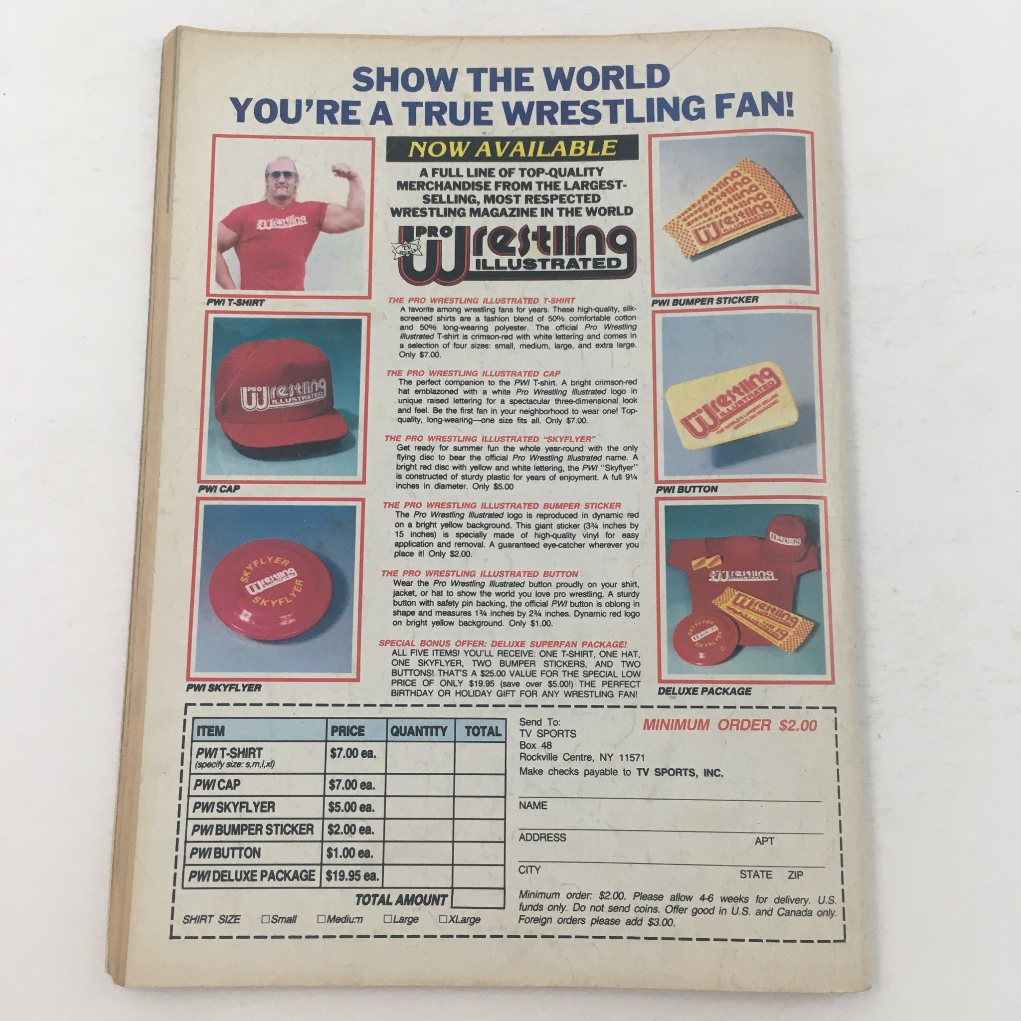 Pro Wrestling Illustrated December 1984 Barry Windham & Kerry Von Erich No Label - Back cover advertisement featuring wrestling merchandise including shirts, caps, and buttons.