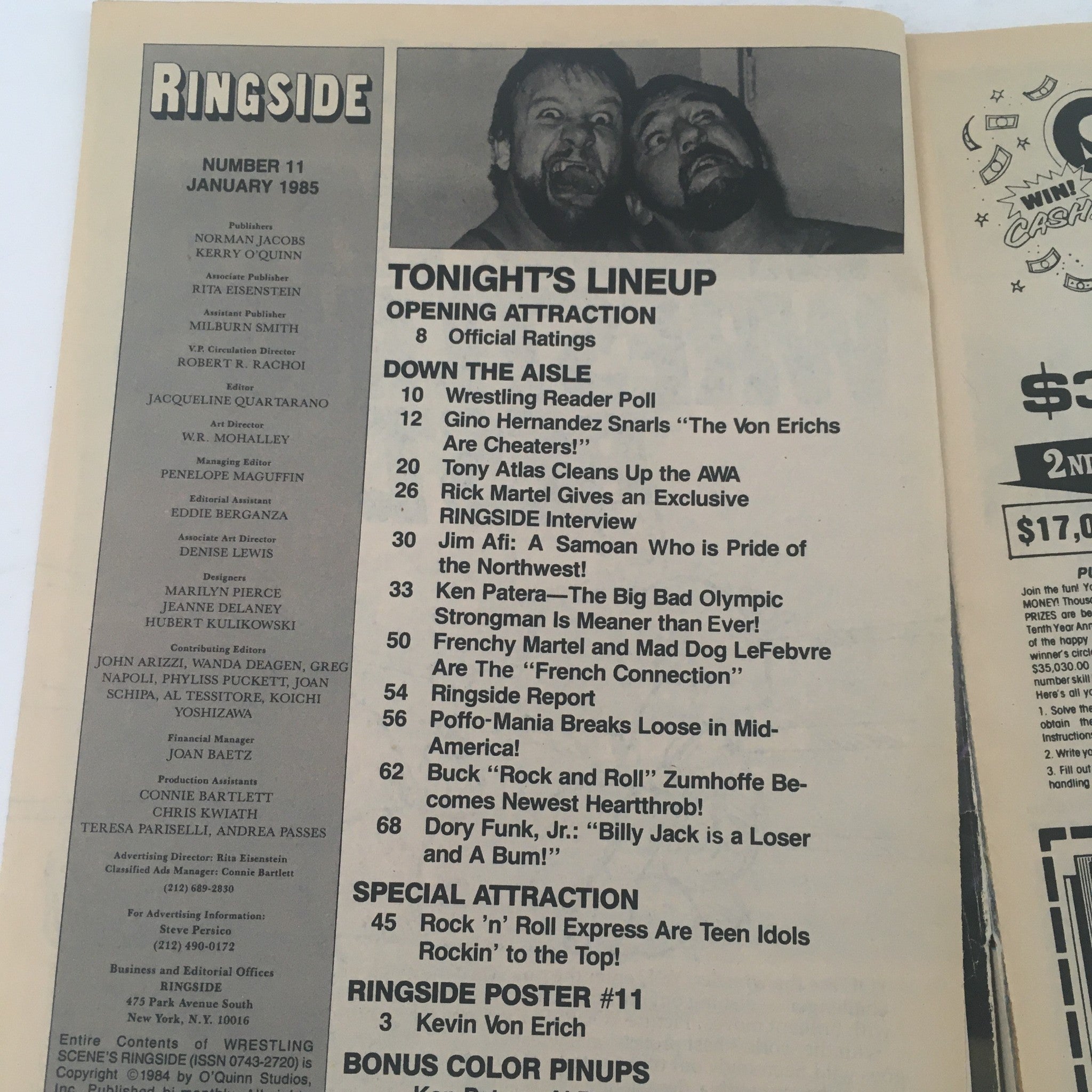 Wrestling Scene's Ringside January 1985 magazine page displaying tonight's wrestling lineup and editorial credits.