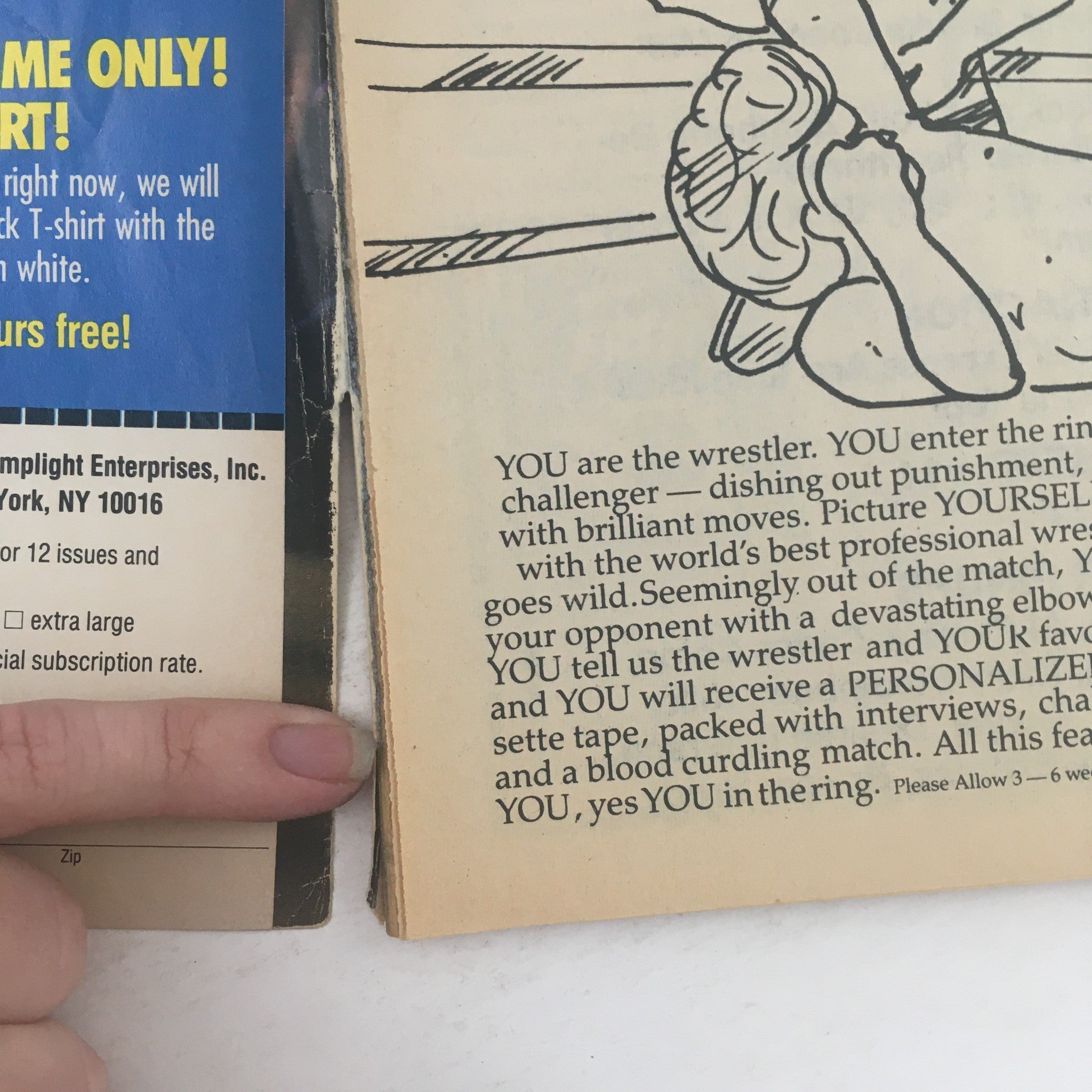 Wrestling Scene's Ringside January 1985 Gino Hernandez Kevin Von Erich with a magazine advertisement featuring a wrestling subscription offer, highlighting a personalized wrestling experience.