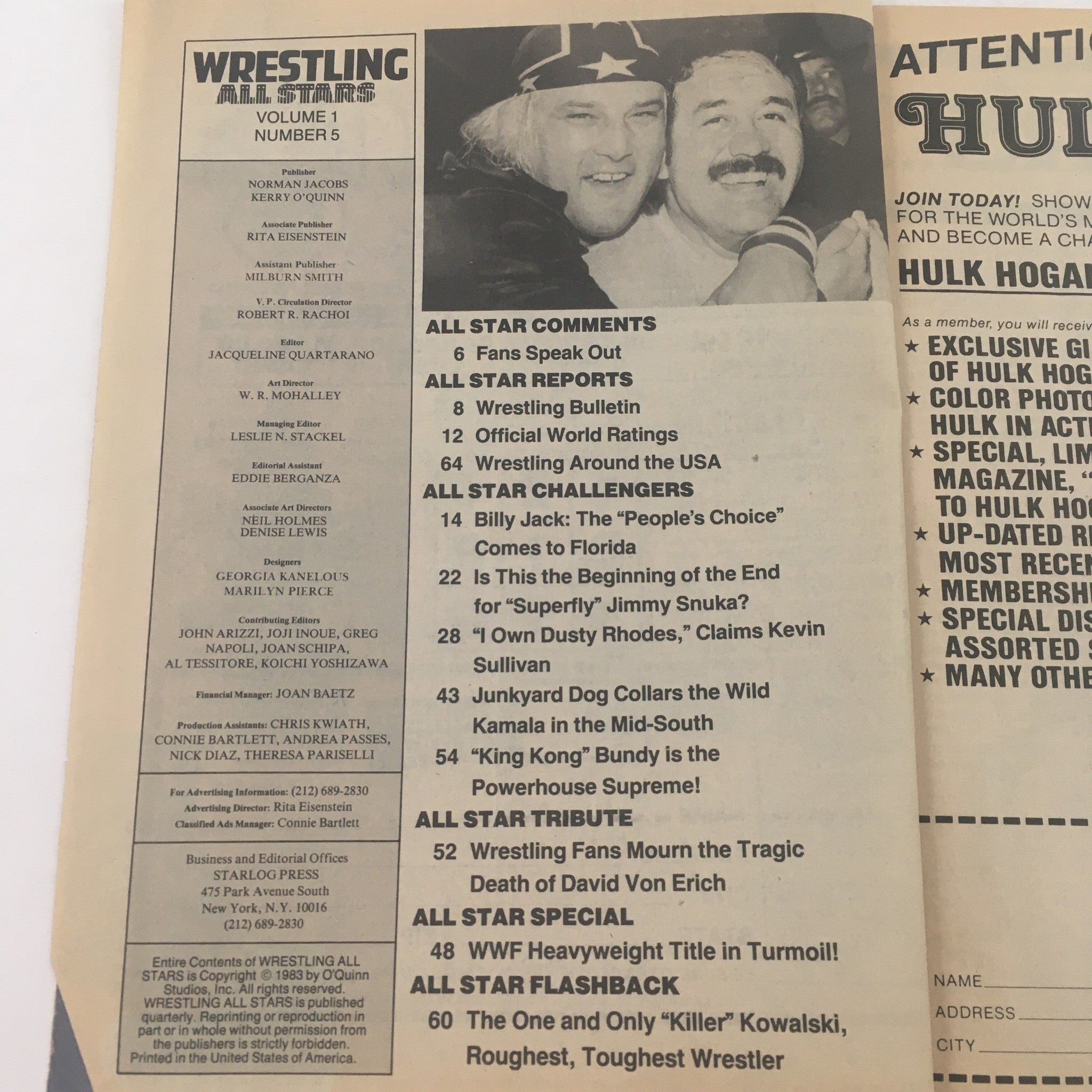 Wrestling All Stars Magazine 1984 Billy Jack & Hulk Hogan Mania Poster, No Label