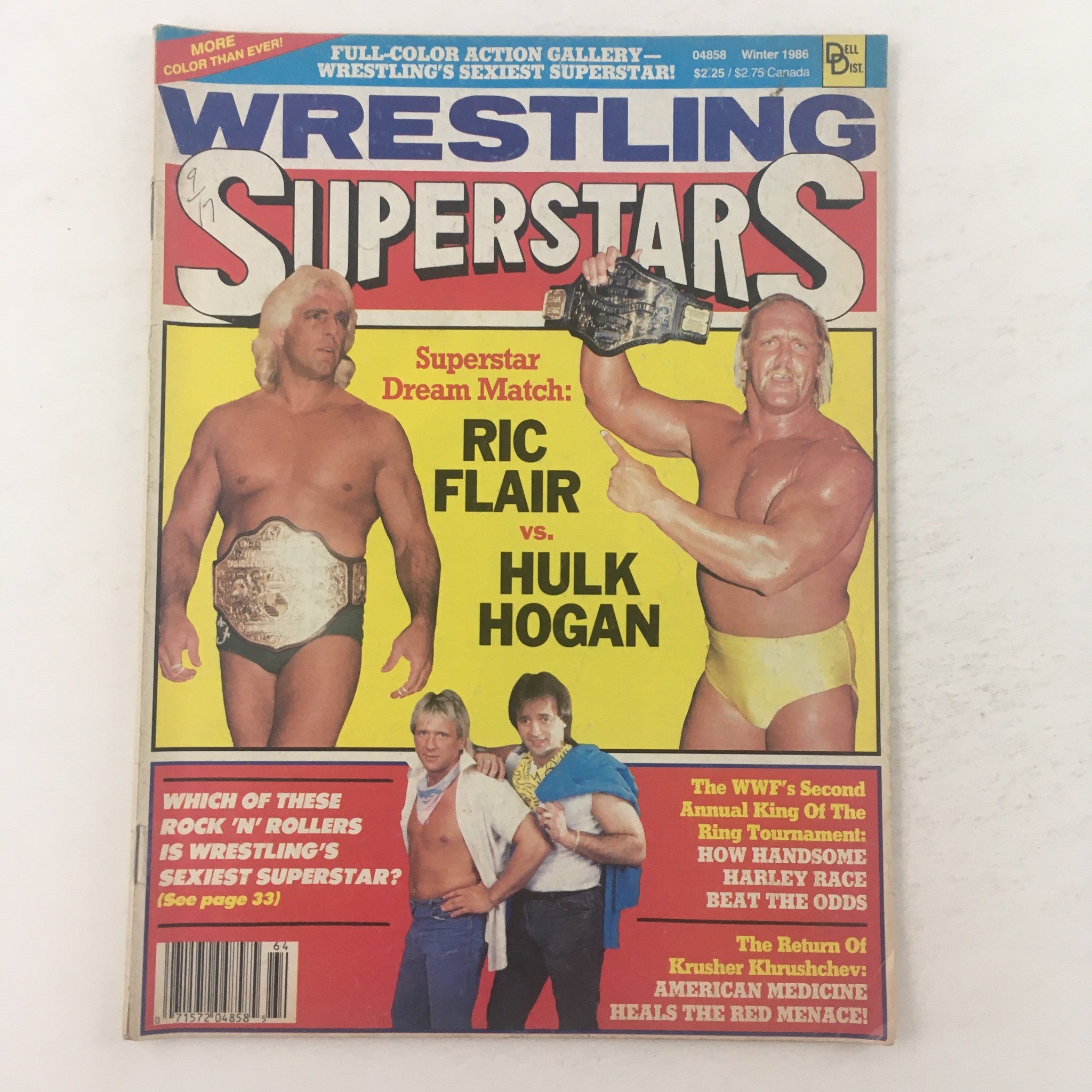 Wrestling Superstars Magazine Winter 1986 cover featuring legendary wrestlers Ric Flair and Hulk Hogan in a dream match showdown, showcasing vibrant colors and vintage wrestling nostalgia.
