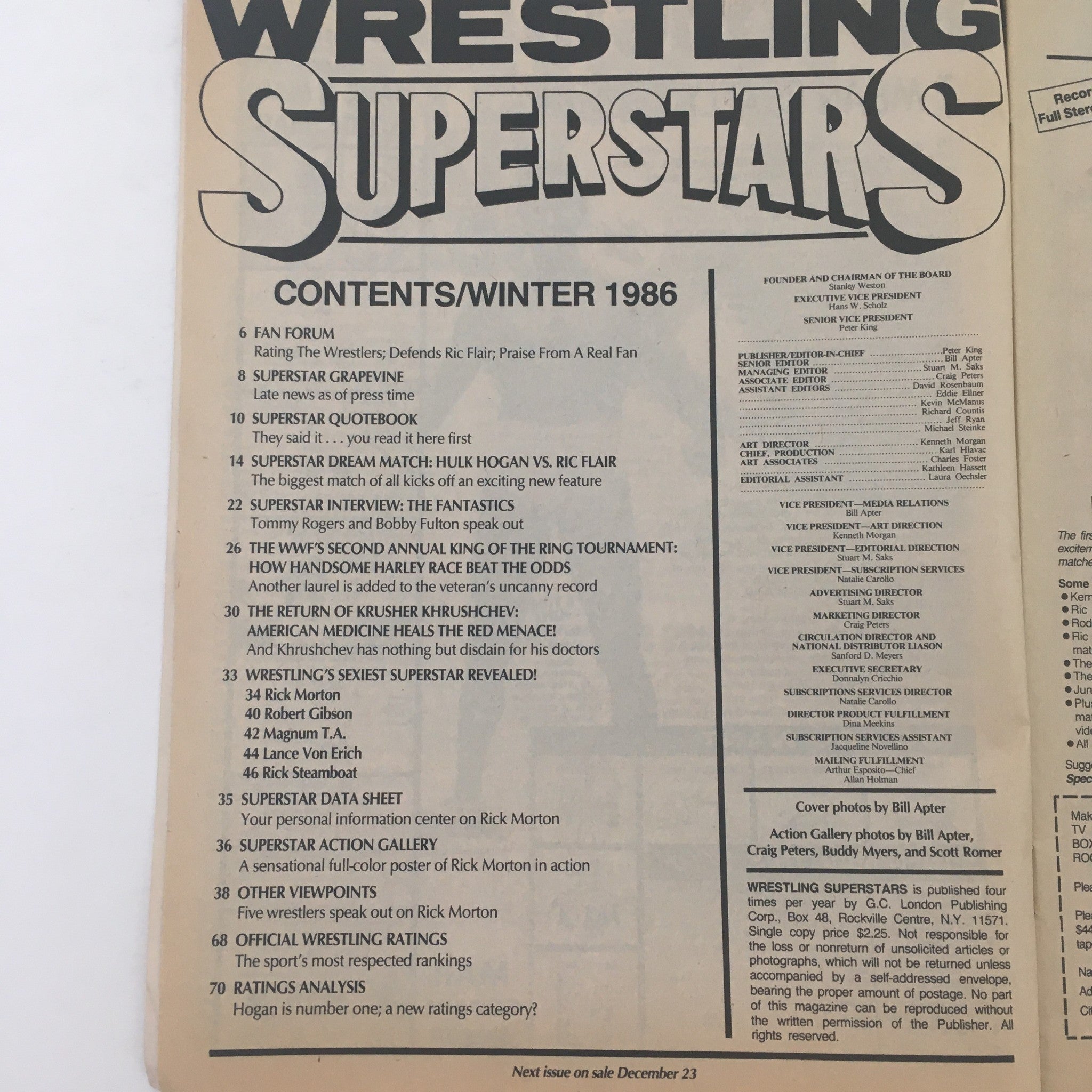 Inside page of Wrestling Superstars Magazine Winter 1986 displaying the table of contents, highlighting articles and features including the main event match between Hulk Hogan and Ric Flair.