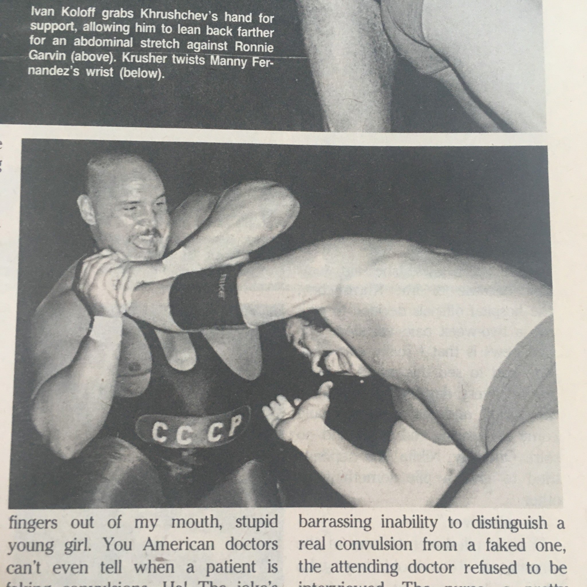 Action shot from Wrestling Superstars Magazine Winter 1986 showing wrestlers Ivan Koloff and Krusher Khrushchev engaged in a wrestling move, reflecting the intense athleticism of the era.