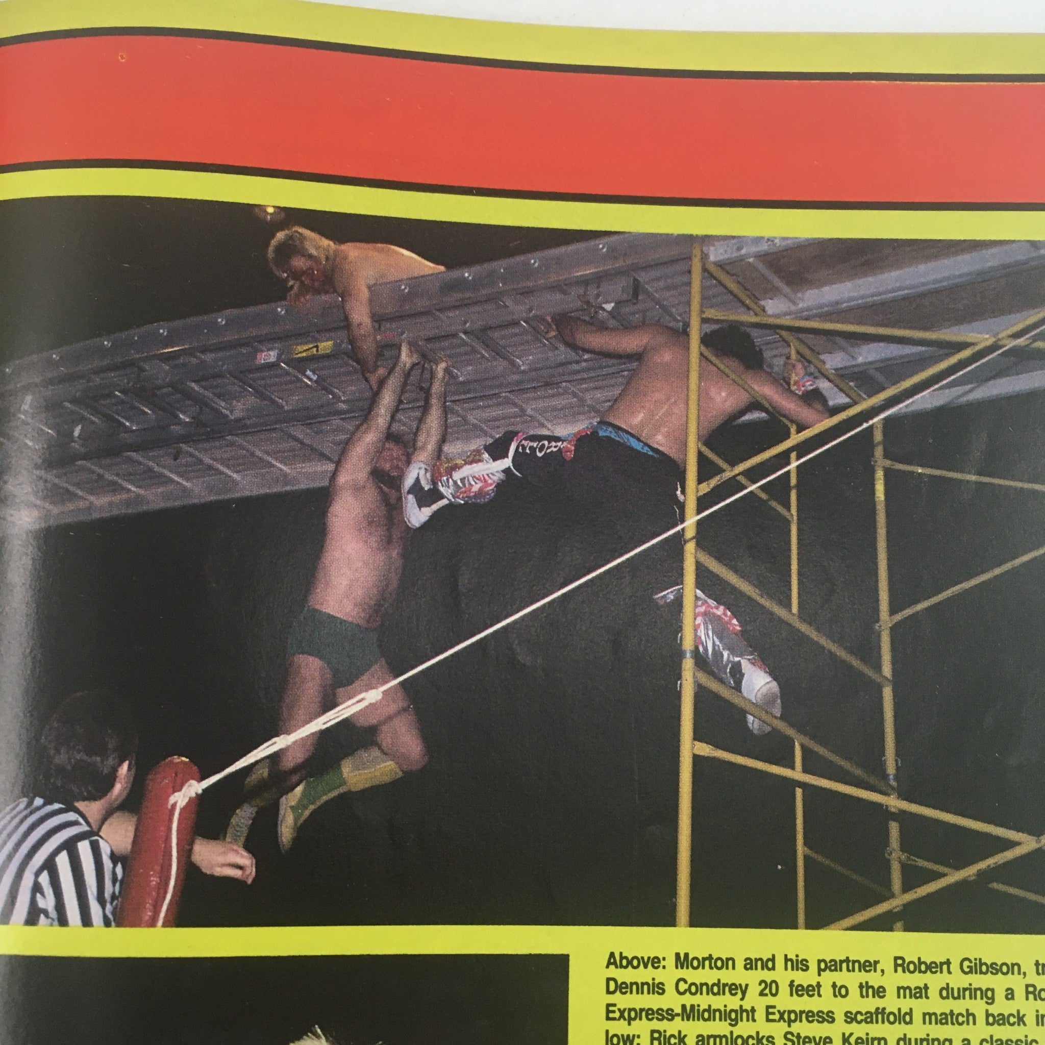 Action shot from Wrestling Superstars Magazine Winter 1986 featuring a dramatic scene of wrestlers in a scaffold match, capturing the excitement of Ric Flair vs Hulk Hogan.