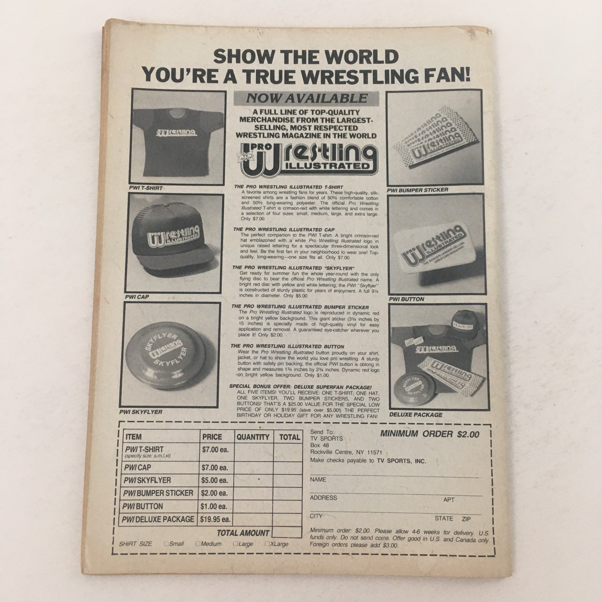 Back advertisement from Wrestling Superstars Magazine Winter 1986 showcasing merchandise including t-shirts, caps, and stickers for wrestling fans.