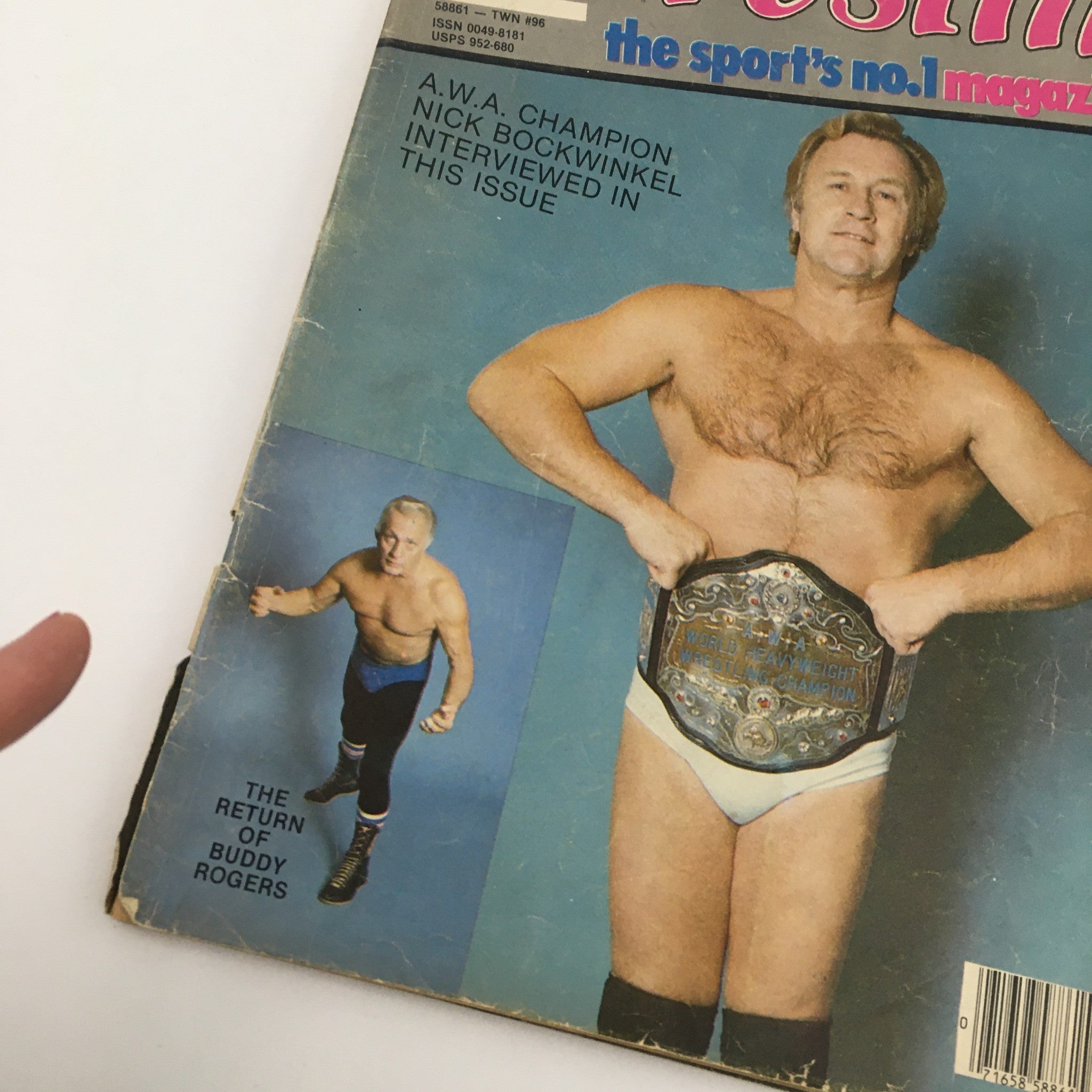 Close-up of The Ring's Wrestling Magazine June 1983 highlighting Nick Bockwinkel with championship belt, emphasizing his interview in this classic wrestling publication.