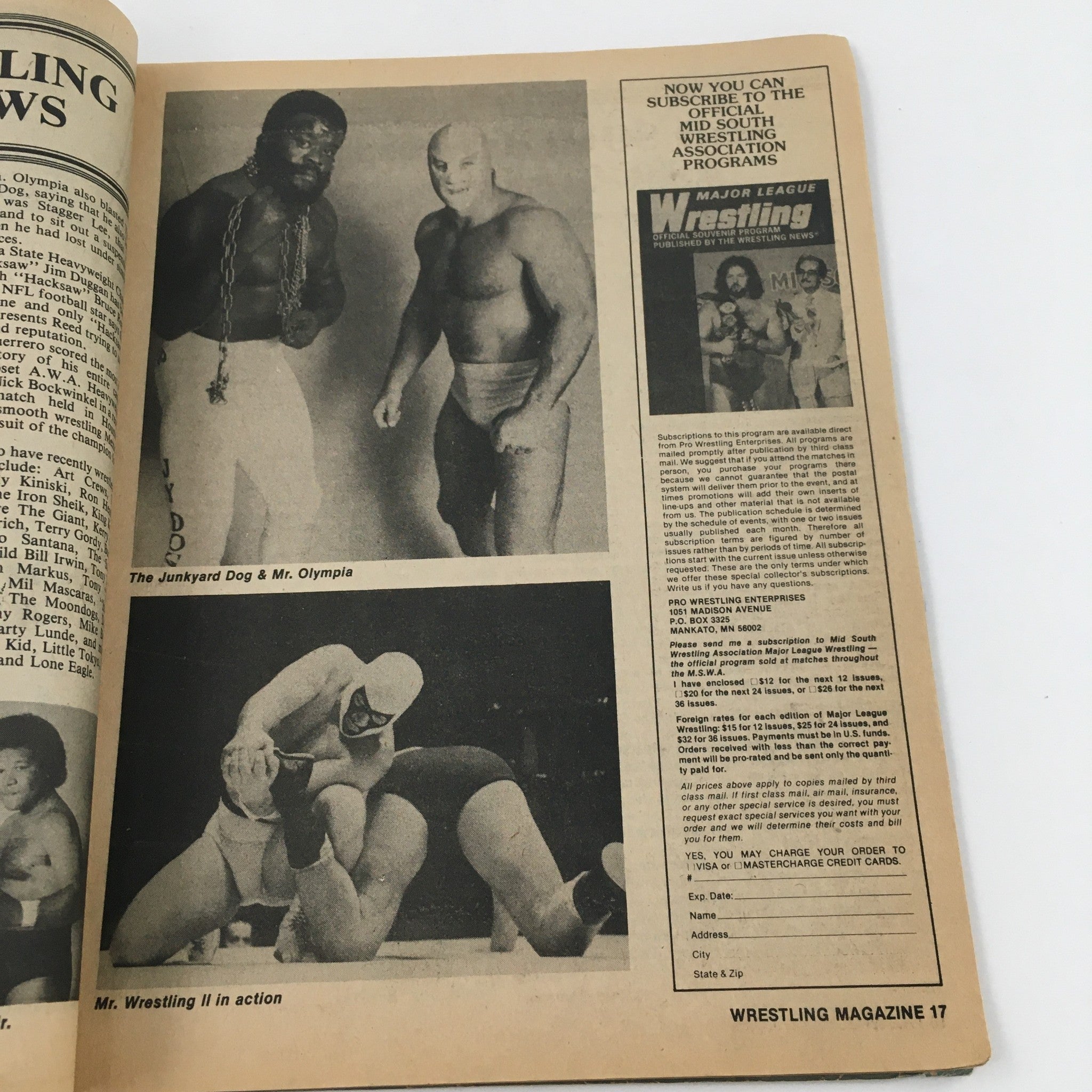 Inside page of The Ring's Wrestling Magazine June 1983 featuring wrestlers The Junkyard Dog and Mr. Olympia, along with action shots from the era's wrestling matches.