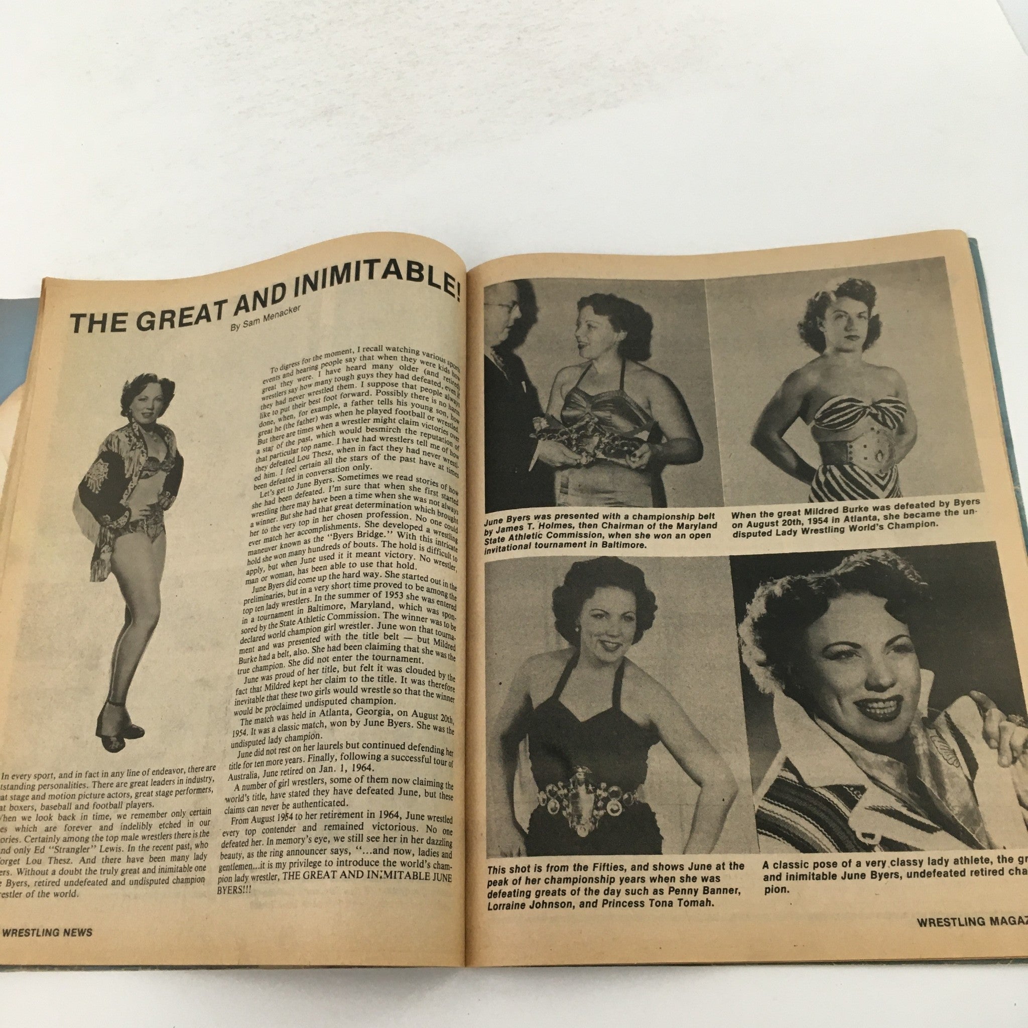 Inside page of The Ring's Wrestling Magazine June 1983 featuring an article titled 'The Great and Inimitable!' about June Byers, showcasing historical wrestling content alongside photos of female wrestlers.