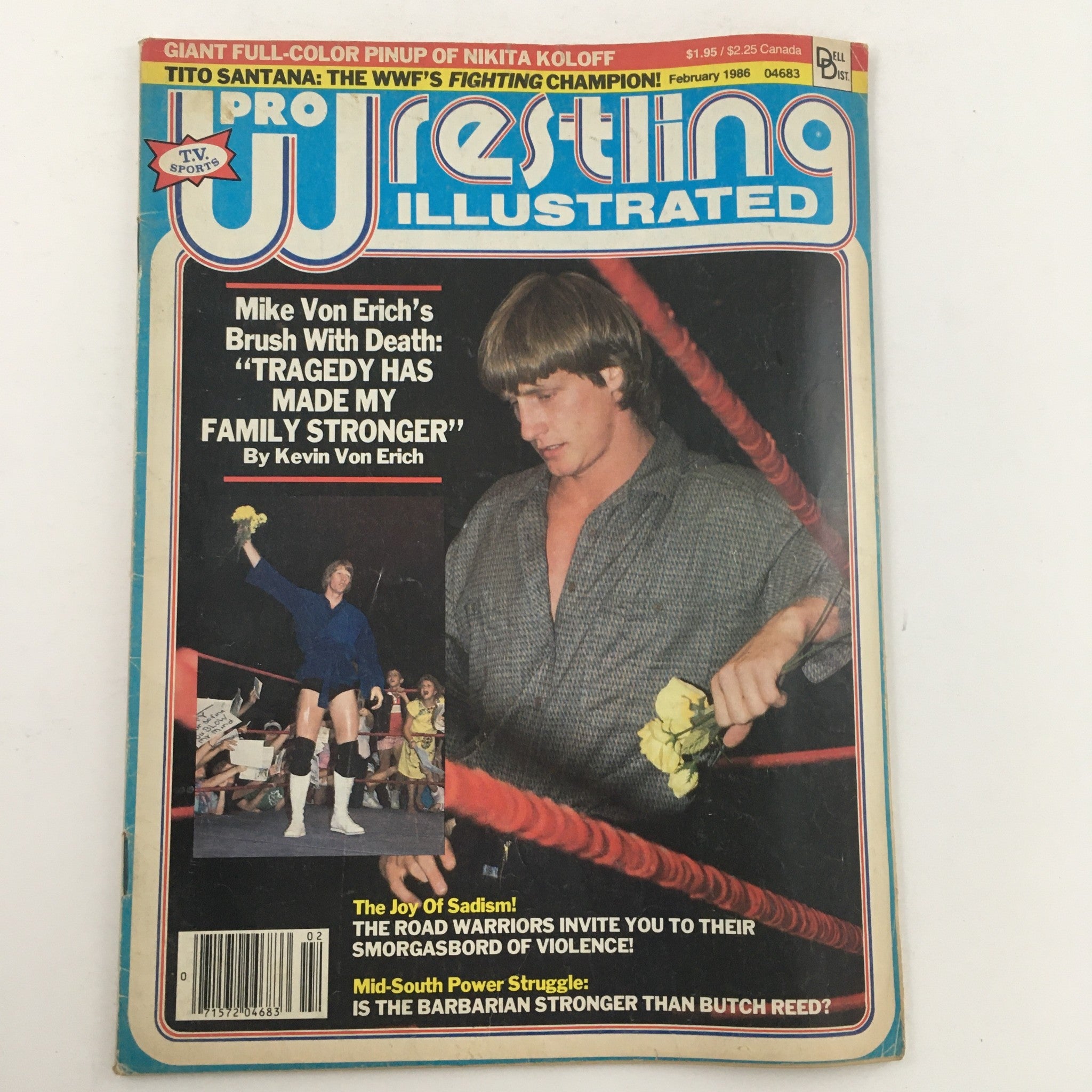 Pro Wrestling Illustrated February 1986 Magazine cover featuring Mike Von Erich and Fabulous Moolah, showcasing wrestling headlines and imagery.