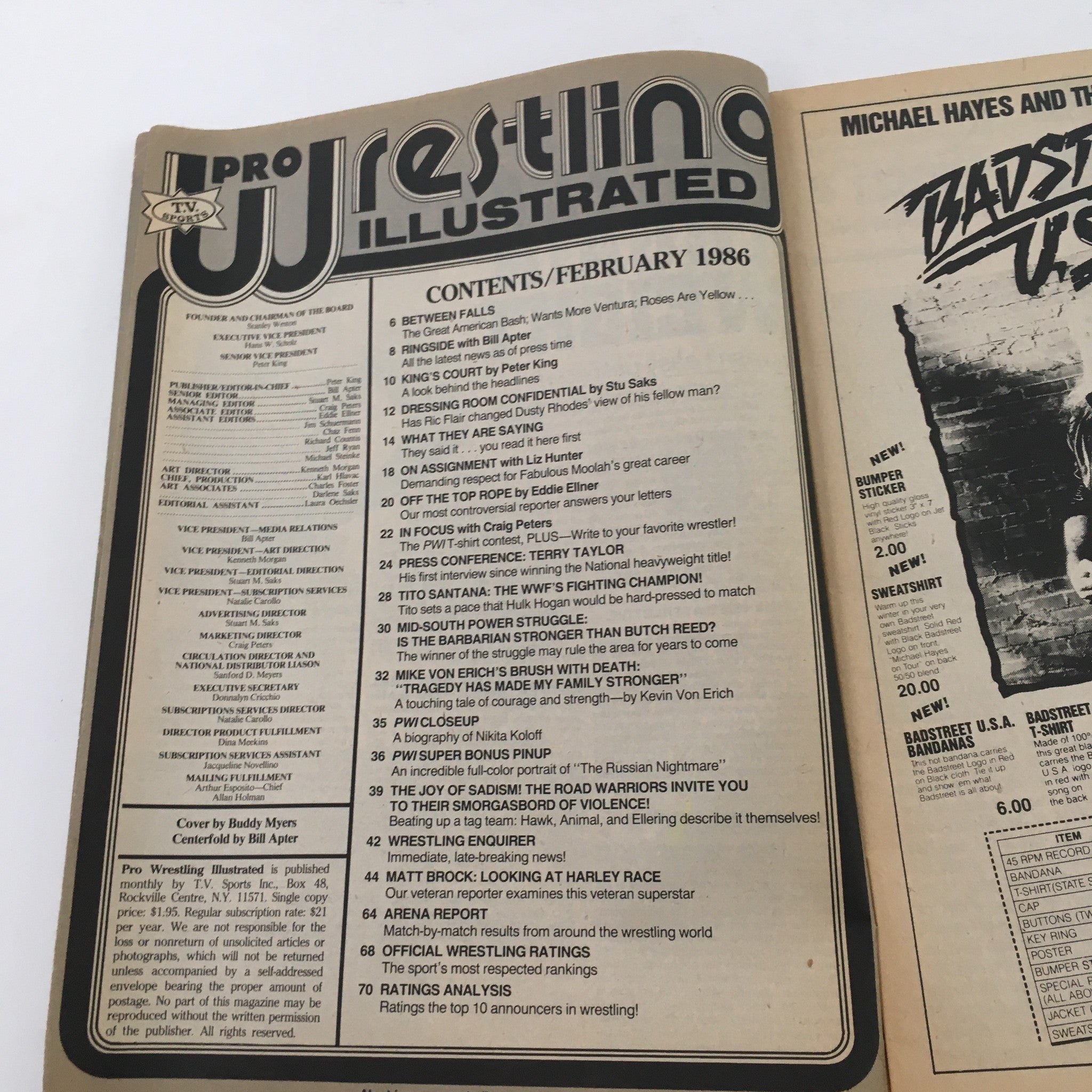 Inside page of Pro Wrestling Illustrated February 1986 Magazine with table of contents listing key articles and features about wrestling personalities and events.
