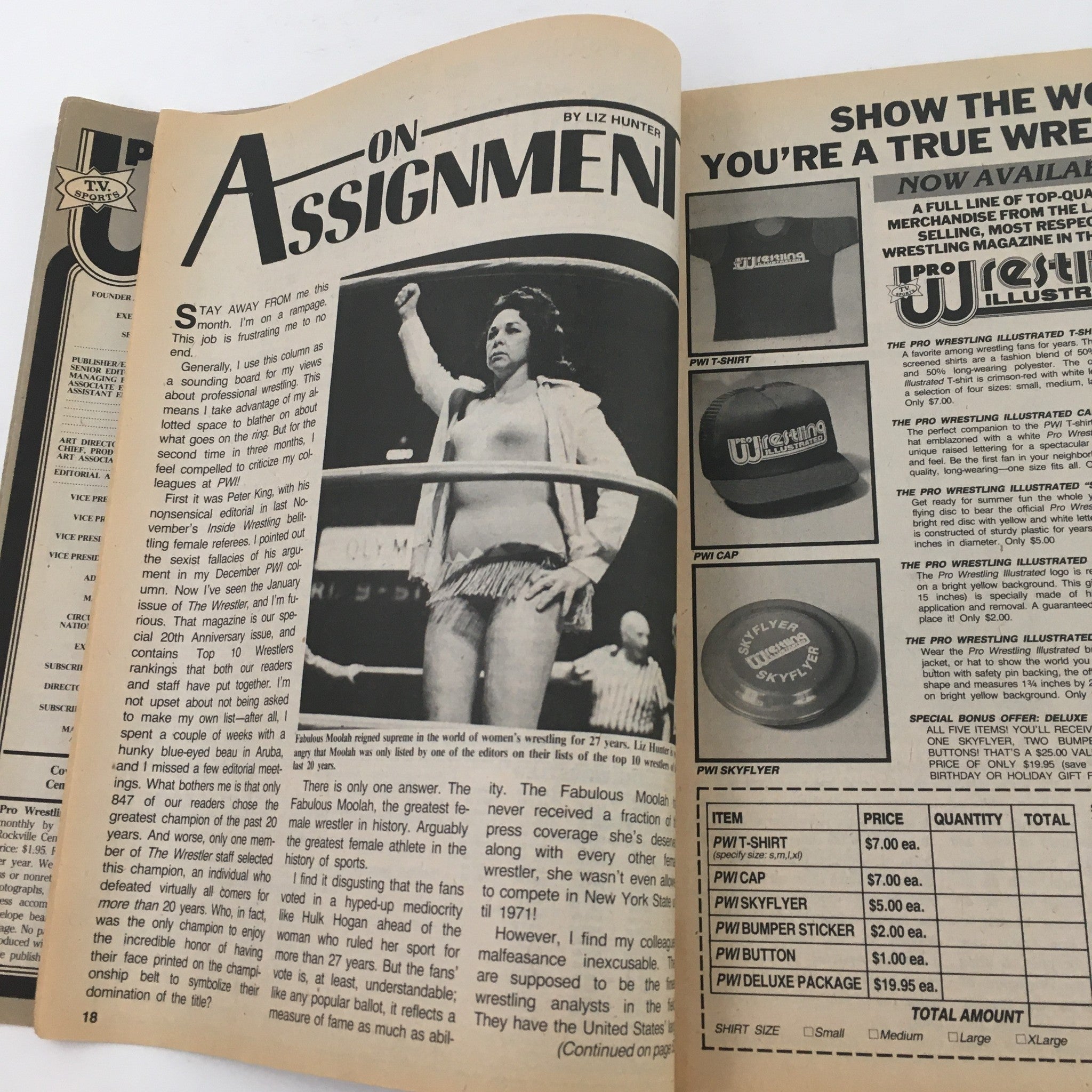 Inside page of Pro Wrestling Illustrated Magazine February 1986 featuring an article about Fabulous Moolah along with advertisements for wrestling merchandise.