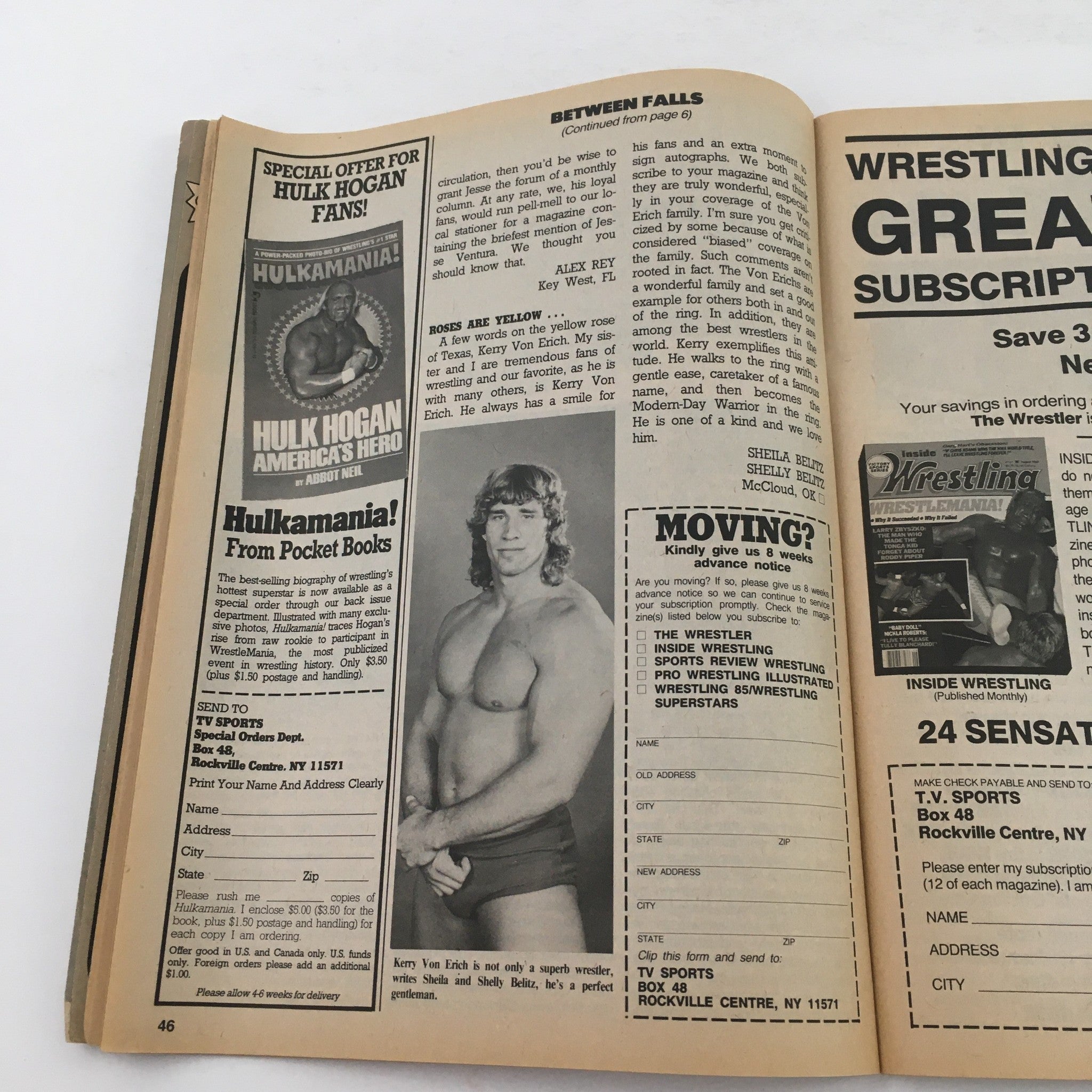 Page from Pro Wrestling Illustrated Magazine February 1986 highlighting an advertisement for Hulk Hogan products alongside a promotional image of Kerry Von Erich.