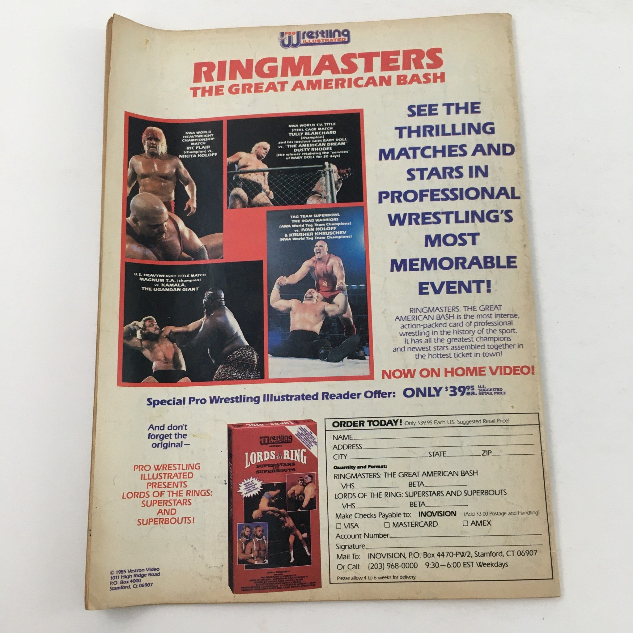 Back cover of Pro Wrestling Illustrated Magazine February 1986 showcasing an advertisement for the Ringmasters: The Great American Bash video and merchandise offers.