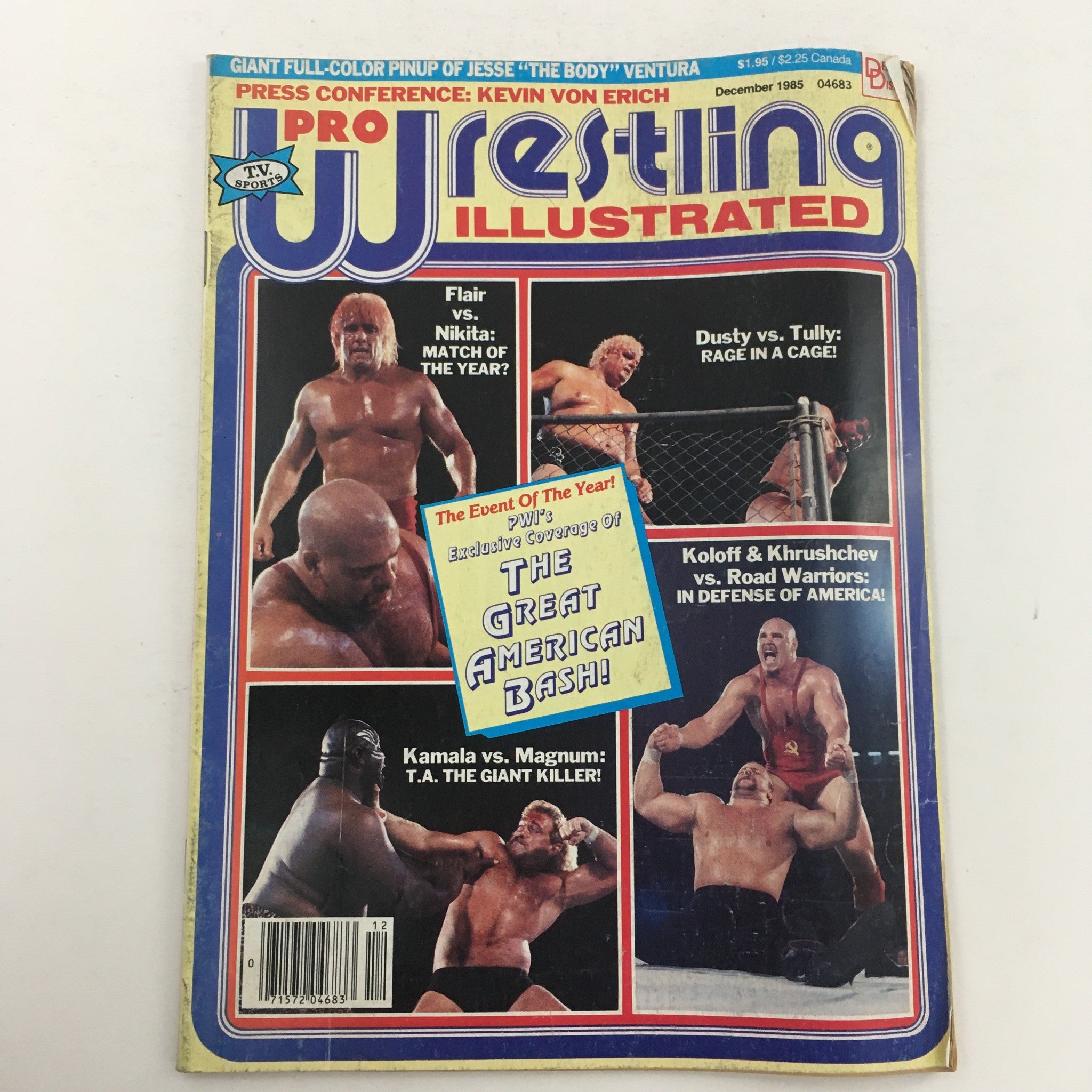 Pro Wrestling Illustrated Magazine December 1985 cover featuring Ric Flair vs Nikita Koloff, showcasing wrestling highlights and matches from that era.