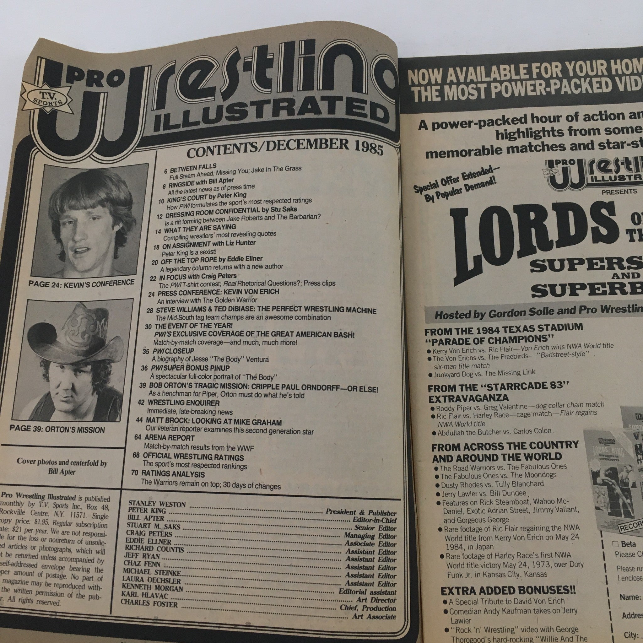Inside page of Pro Wrestling Illustrated Magazine December 1985 displaying the contents, including articles and features about wrestling events and wrestlers.