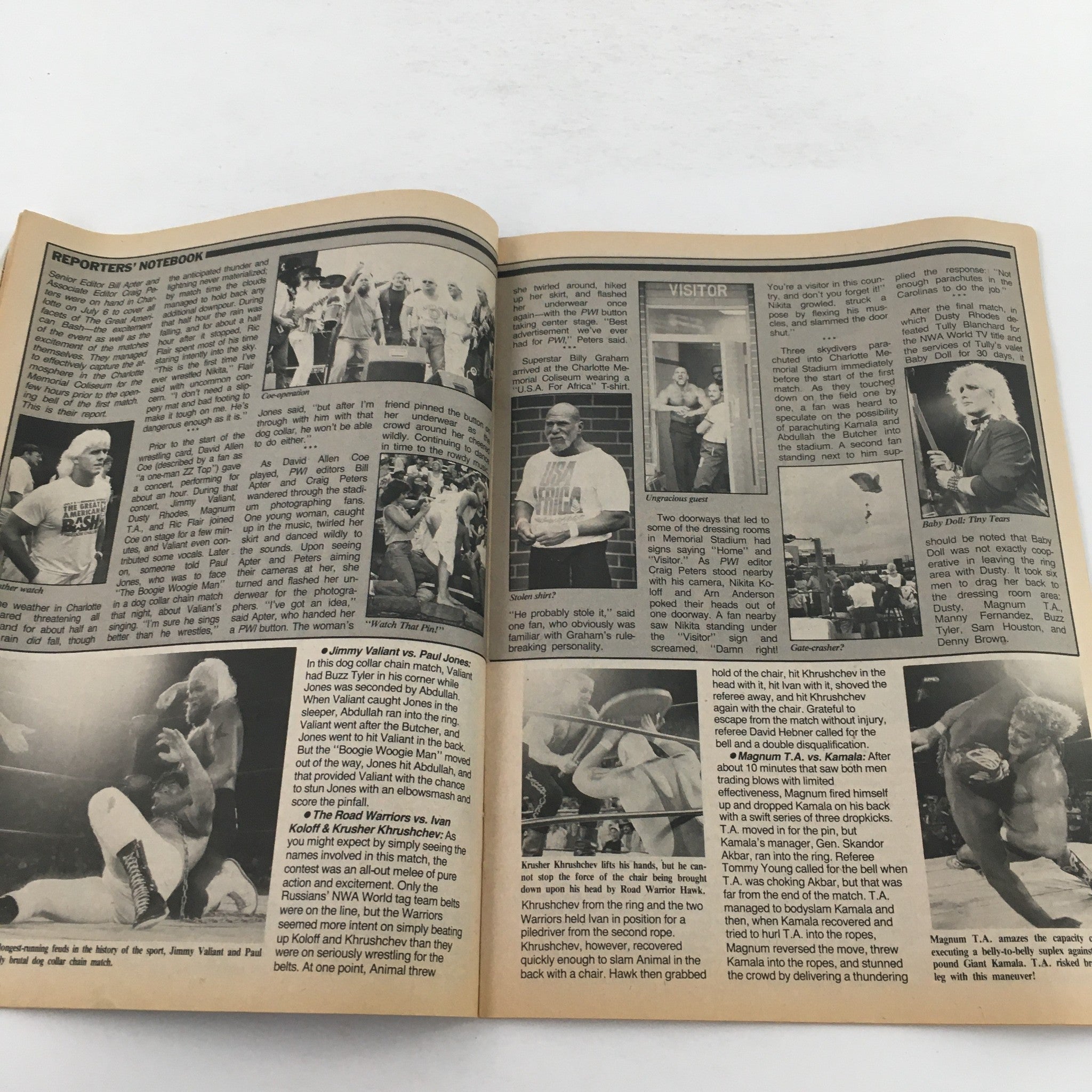 Another inside page from Pro Wrestling Illustrated Magazine December 1985, titled Reporter's Notebook, detailing key wrestling events and behind-the-scenes moments.