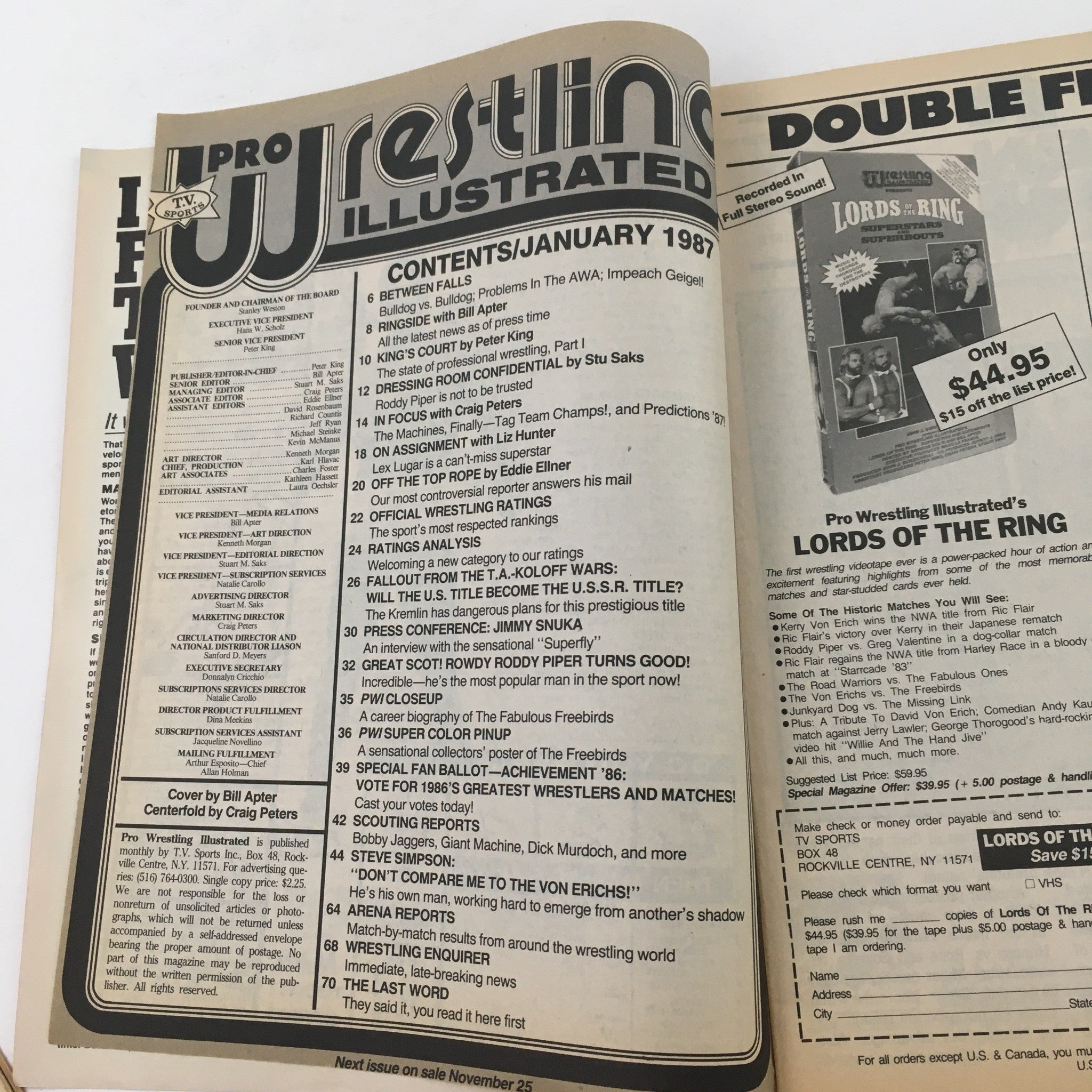 Inside page of Pro Wrestling Illustrated Magazine January 1987 displaying the table of contents with features on wrestling events and personalities.