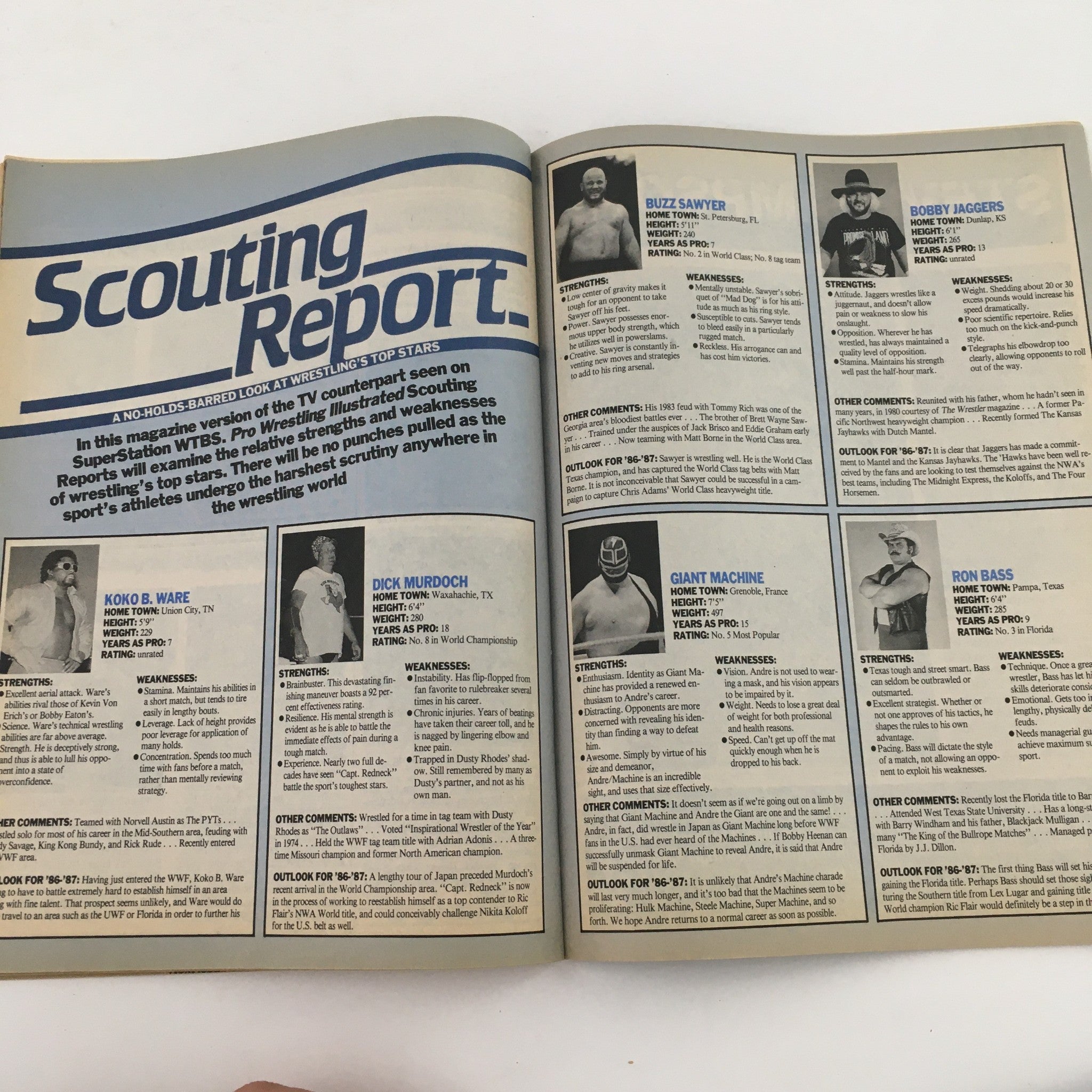 Scouting report page from Pro Wrestling Illustrated Magazine January 1987 featuring profiles of top wrestling stars.